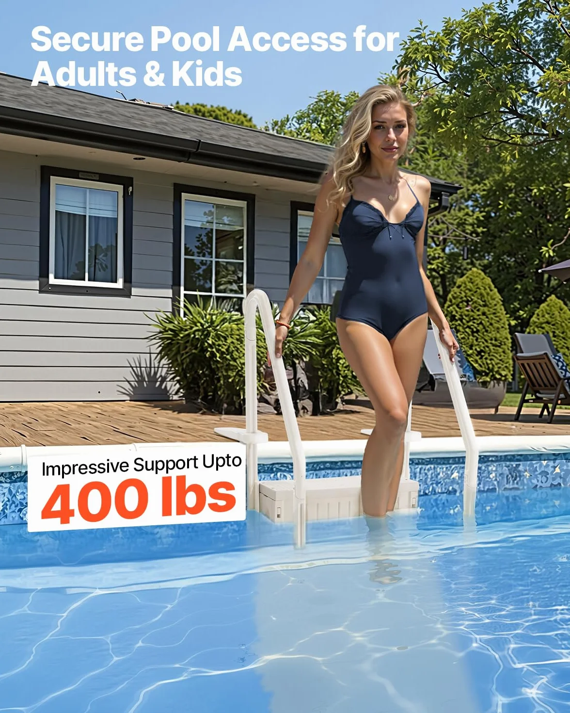 VEVOR Plastikowe schody basenowe z 2 poręczami, 4 stopnie antypoślizgowe, nośność 181,4 kg, schody do basenów w otworze 122-137 cm, taras, dom, do wnętrz, na zewnątrz, białe