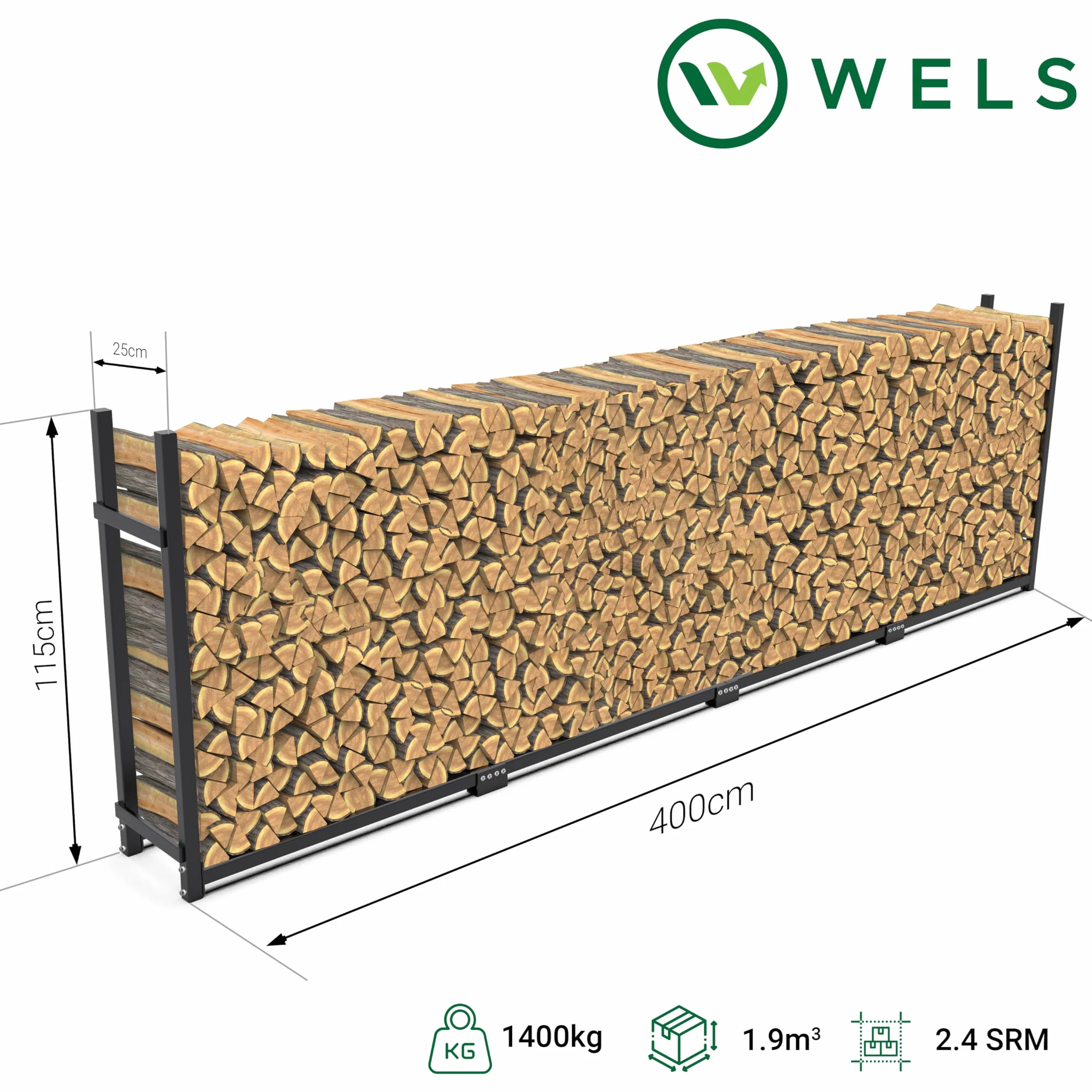 Wels Regał na Drewno Opałowe Metalowy Stojak 1400 kg z Pokrowcem 400 x 25 x 115 cm