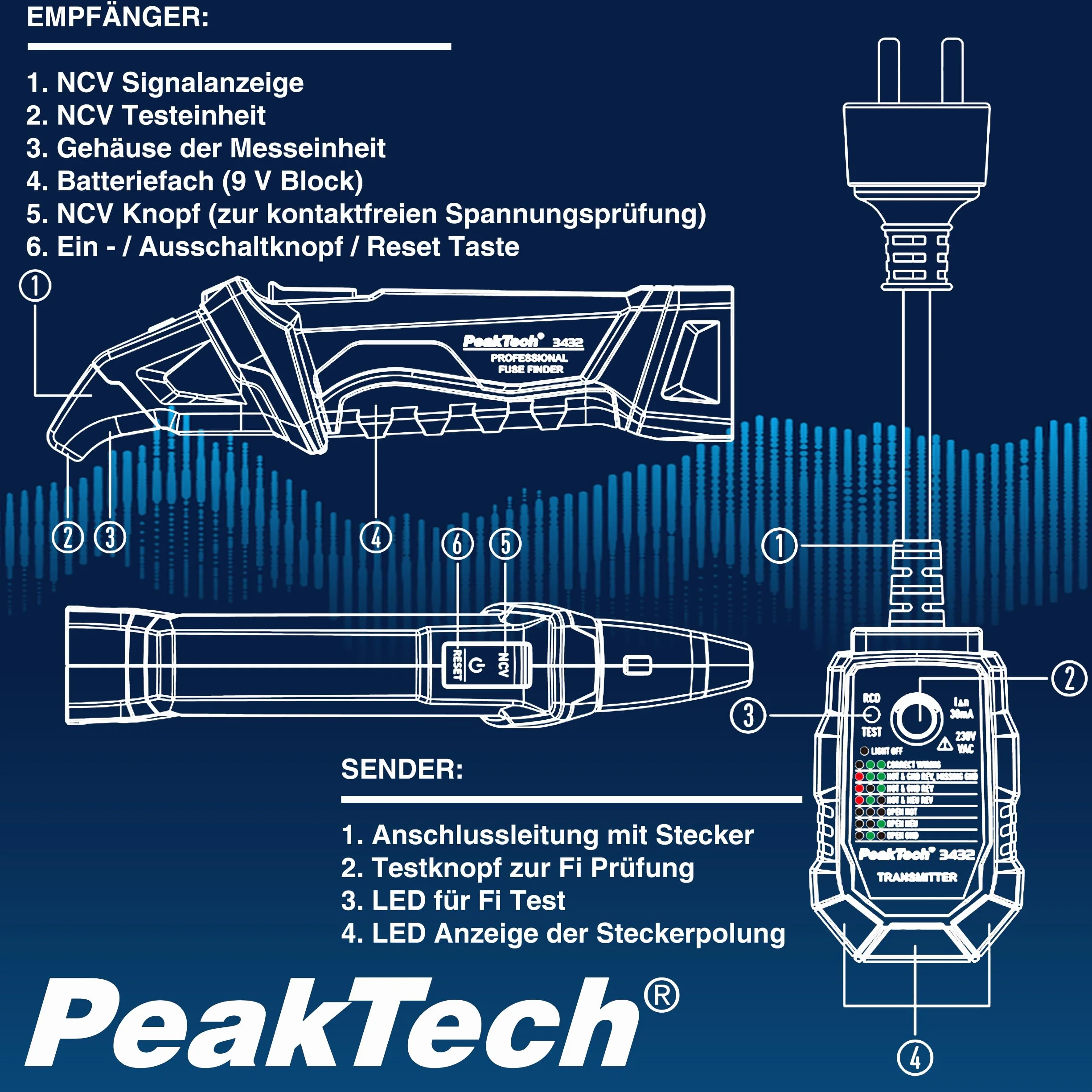 Peaktech Tester Elektryczny, Niebieski, 18,9 x 4,9 x 3,4 cm