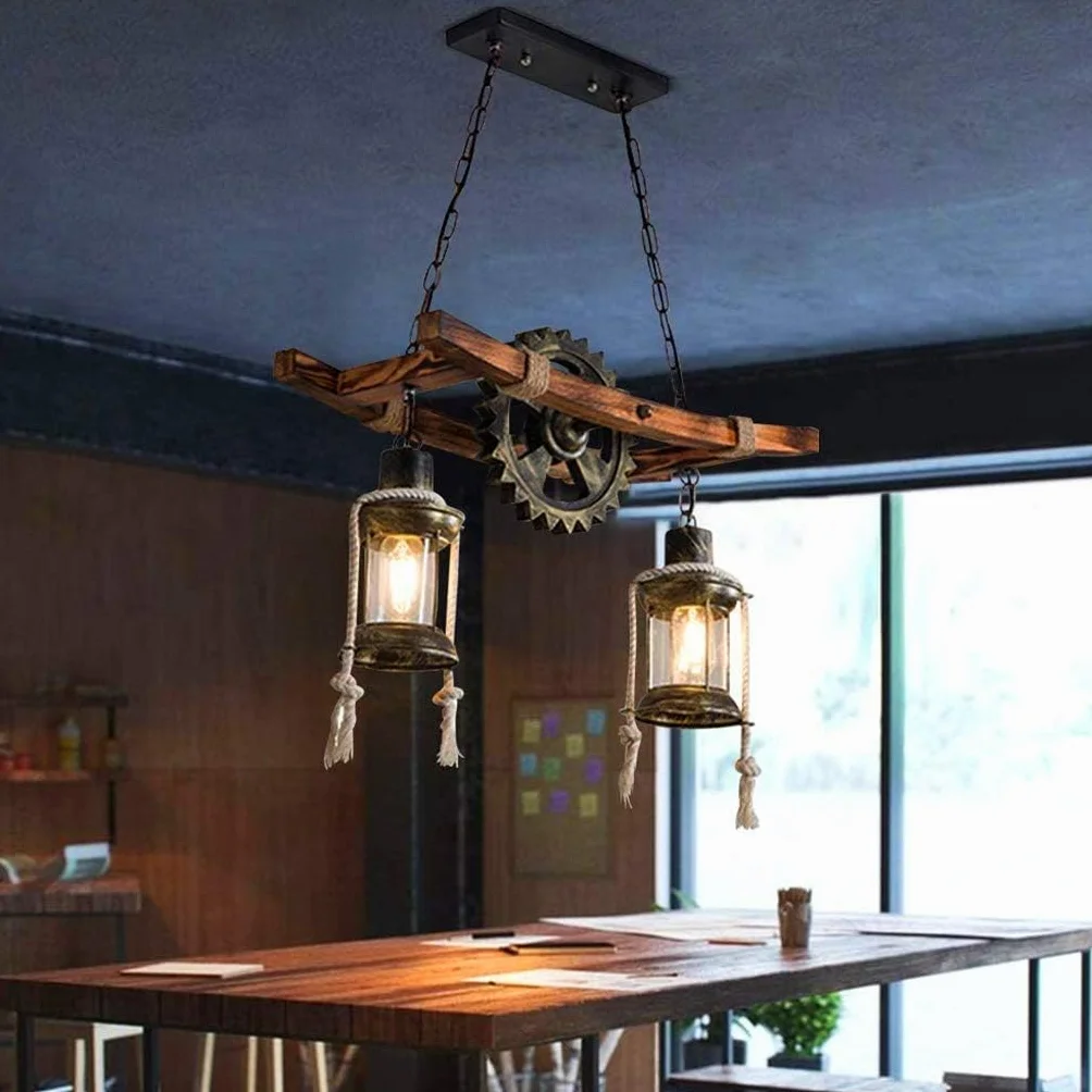 Rustykalna drewniana lampa wisząca w stylu vintage, dębowa lampa wisząca do jadalni, żyrandol industrialny, lampa sufitowa, lampa przemysłowa, styl dworkowy, do baru