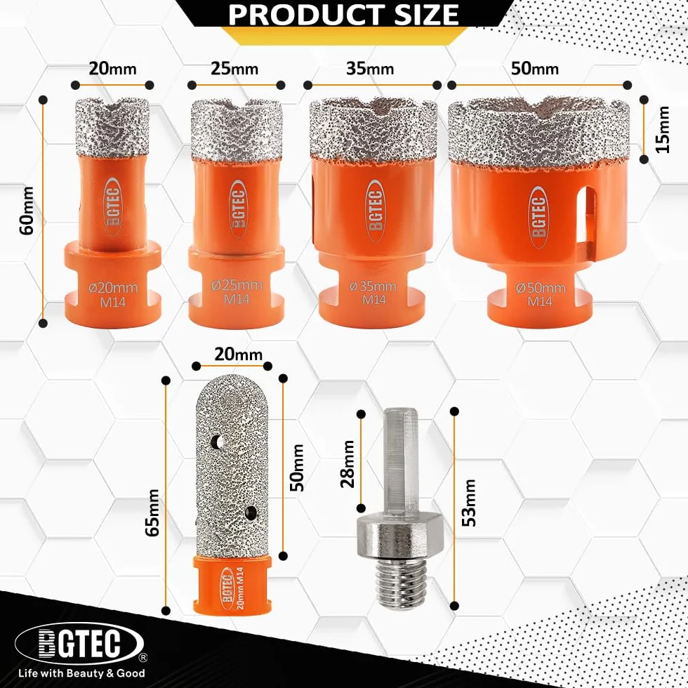BGTEC Zestaw diamentowych wierteł do płytek – 6 sztuk (20/25/35/50 mm + 20 mm wiertło palcowe + adapter sześciokątny) z gwintem M14 do porcelany, ceramiki, płytek, granitu, marmuru, muru, kamienia