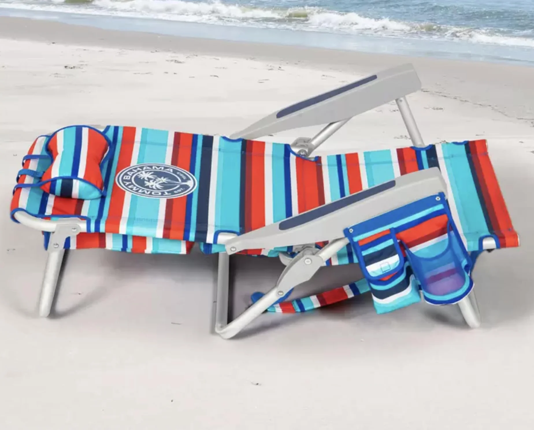 Tommy Bahama Krzesło Plażowe Składane Regulowane Lekkie 5 Pozycji Aluminiowa Rama Czerwono-Turkusowe Paski
