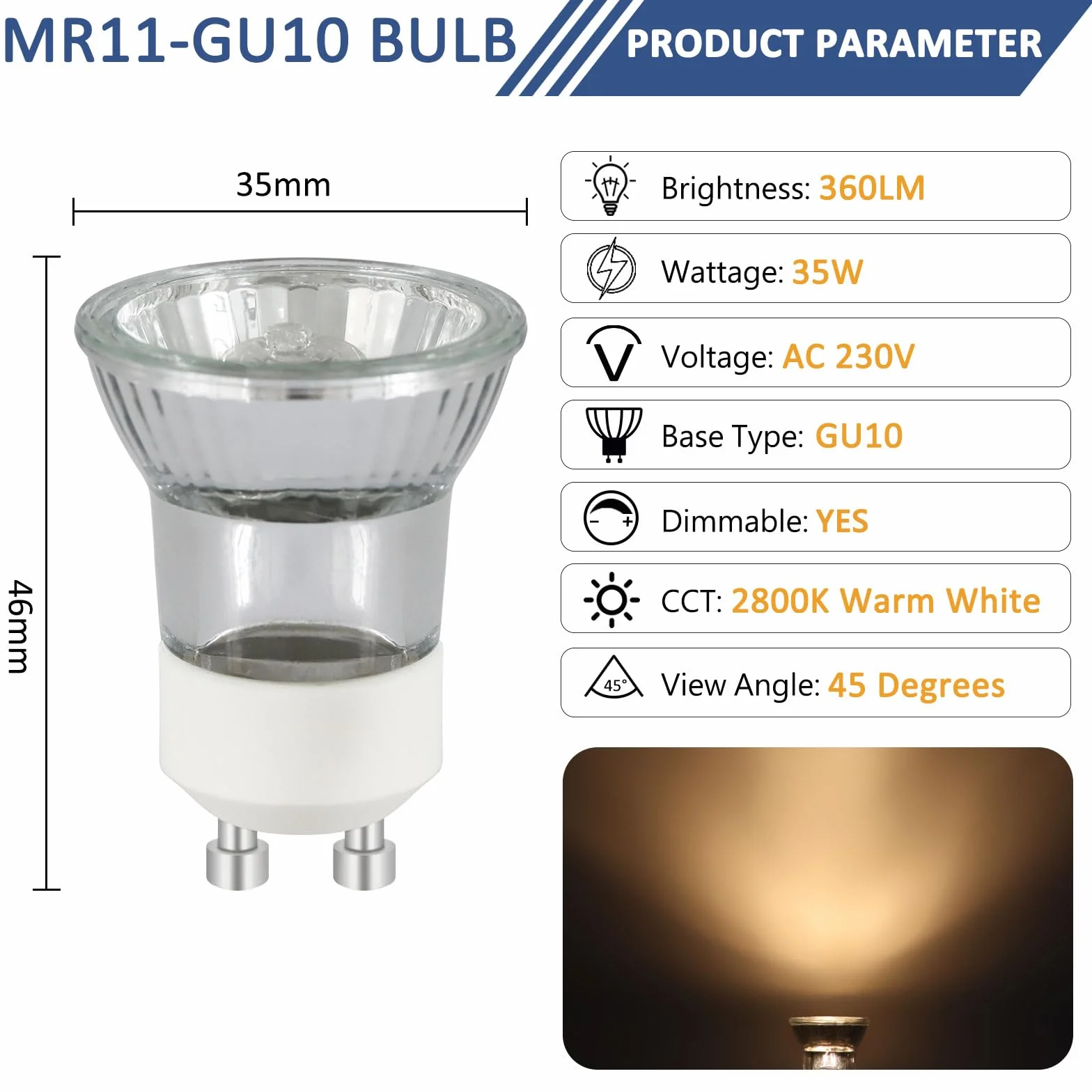 Caldarax 8 sztuk GU10 Mini 35W lampa halogenowa Możliwość ściemniania, MR11 230V reflektor halogenowy, ciepła biel 2800K, 360LM, kąt świecenia 45° reflektor, bez mrugania źródło światła do oświetlenia
