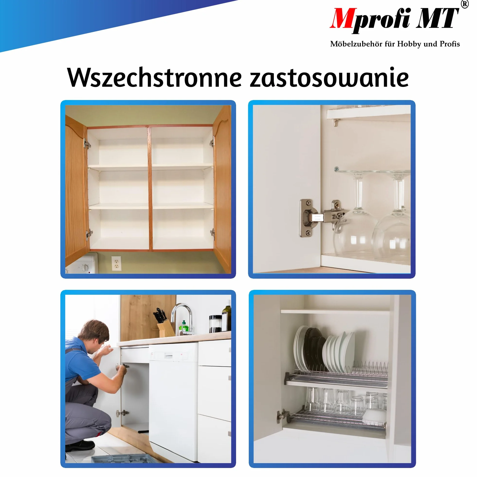 Mprofi MT® Zestaw 4 Zawiasów do Drzwi Szafy i Mebli - Ø 35 mm - do Szafek Kuchennych - Ogranicznik Narożny P/R/4