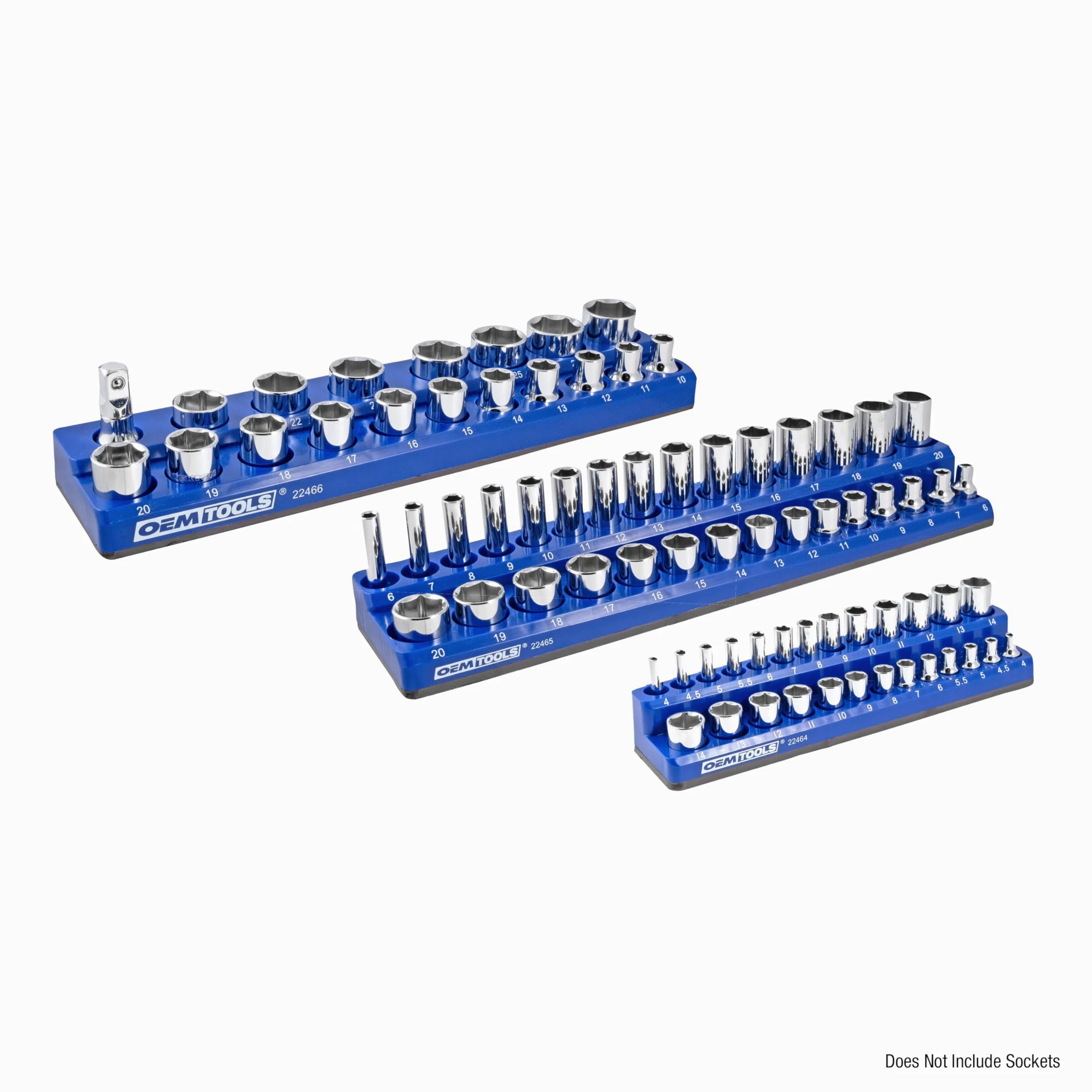 OEMTOOLS 22486 3-częściowy metryczny zestaw magnetycznych tacek nasadowych, magnetyczny organizer do gniazd mieści do 75 gniazd w rozmiarach 1/4", 3/8" i 1/2", niebieskie magnetyczne uchwyty do gniazd