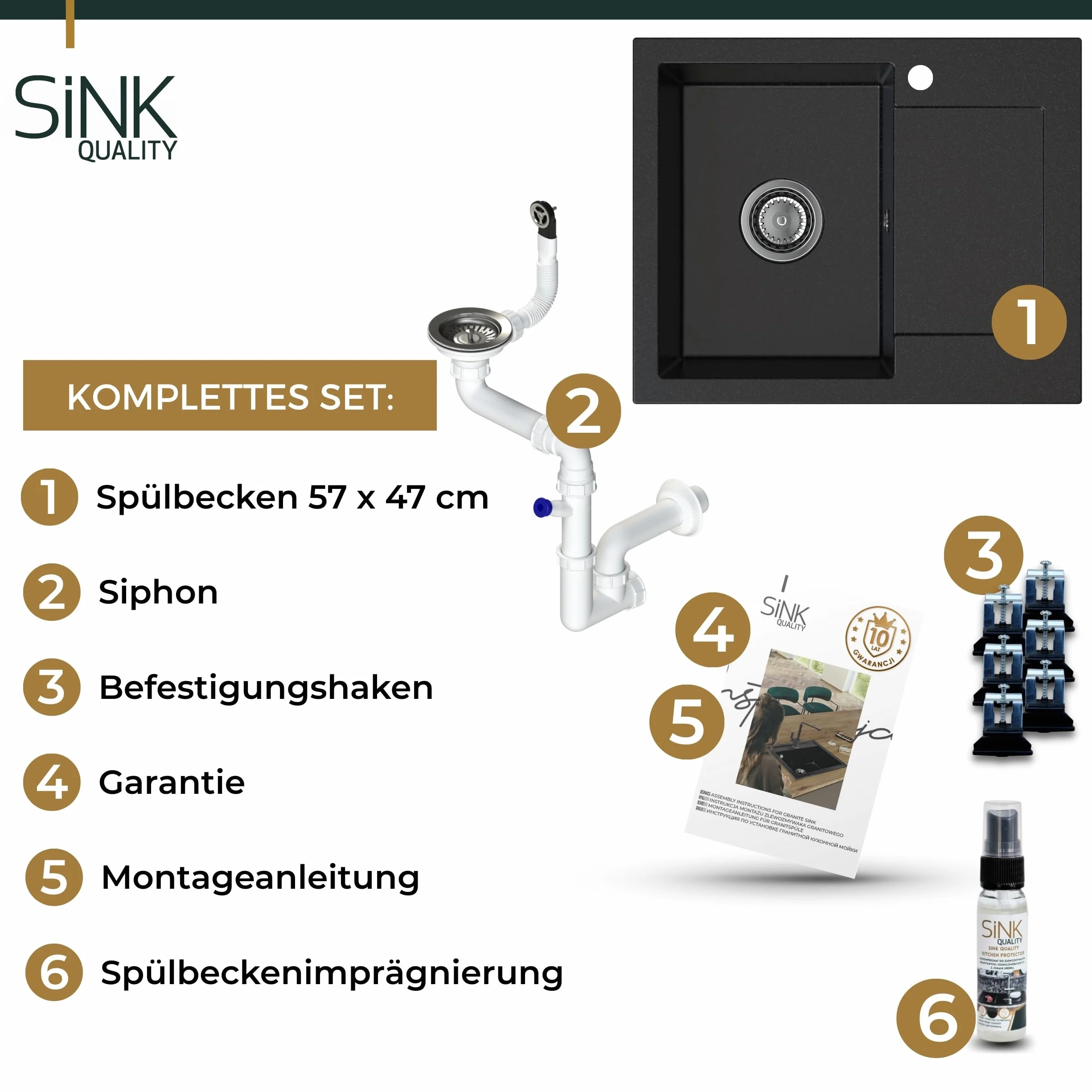 SINK QUALITY zlewozmywak granitowy czarny cętkowany 58 x 47 – zlewozmywak z syfonem i środkiem impregnującym – zlewozmywak kuchenny czarny nakrapiany z ociekaczem do szafki pod umywalkę 50