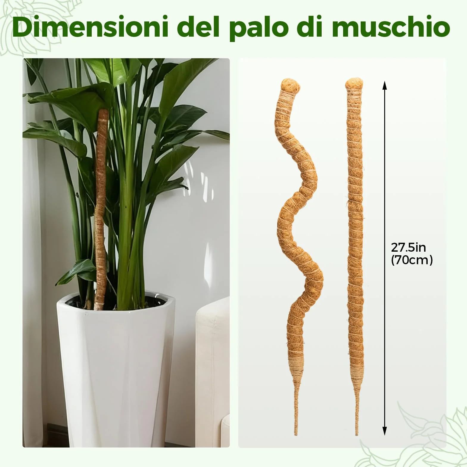 Bamworld Słupek do mchu, 2 szt., 69,8 cm, do podparcia roślin, monstera Coco Coir, wsparcie dla małych roślin pnących doniczkowych do wzrostu w górę