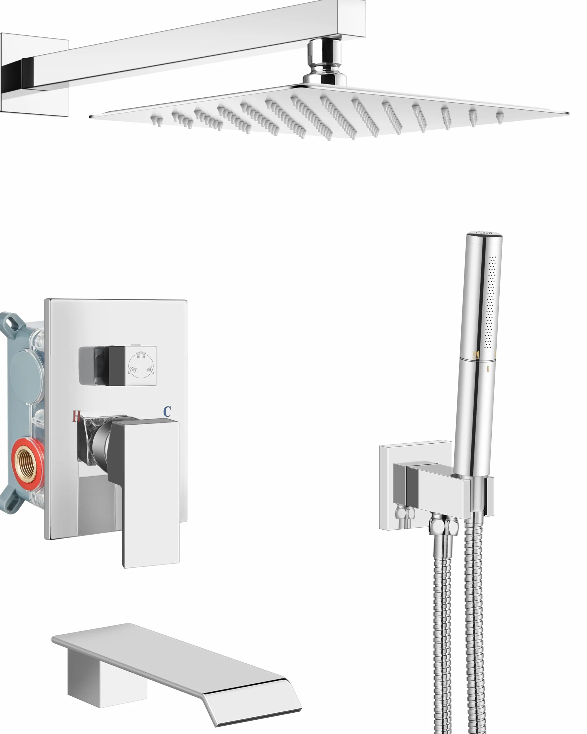 Systemy prysznicowe Bateria wannowa i prysznicowa Combo Polish Chrome 25 cm montaż ścienny deszczownica głowica prysznicowa z prysznicem ręcznym 2 w 1 i wylewką do wanny wodospadowej gruboziarnisty