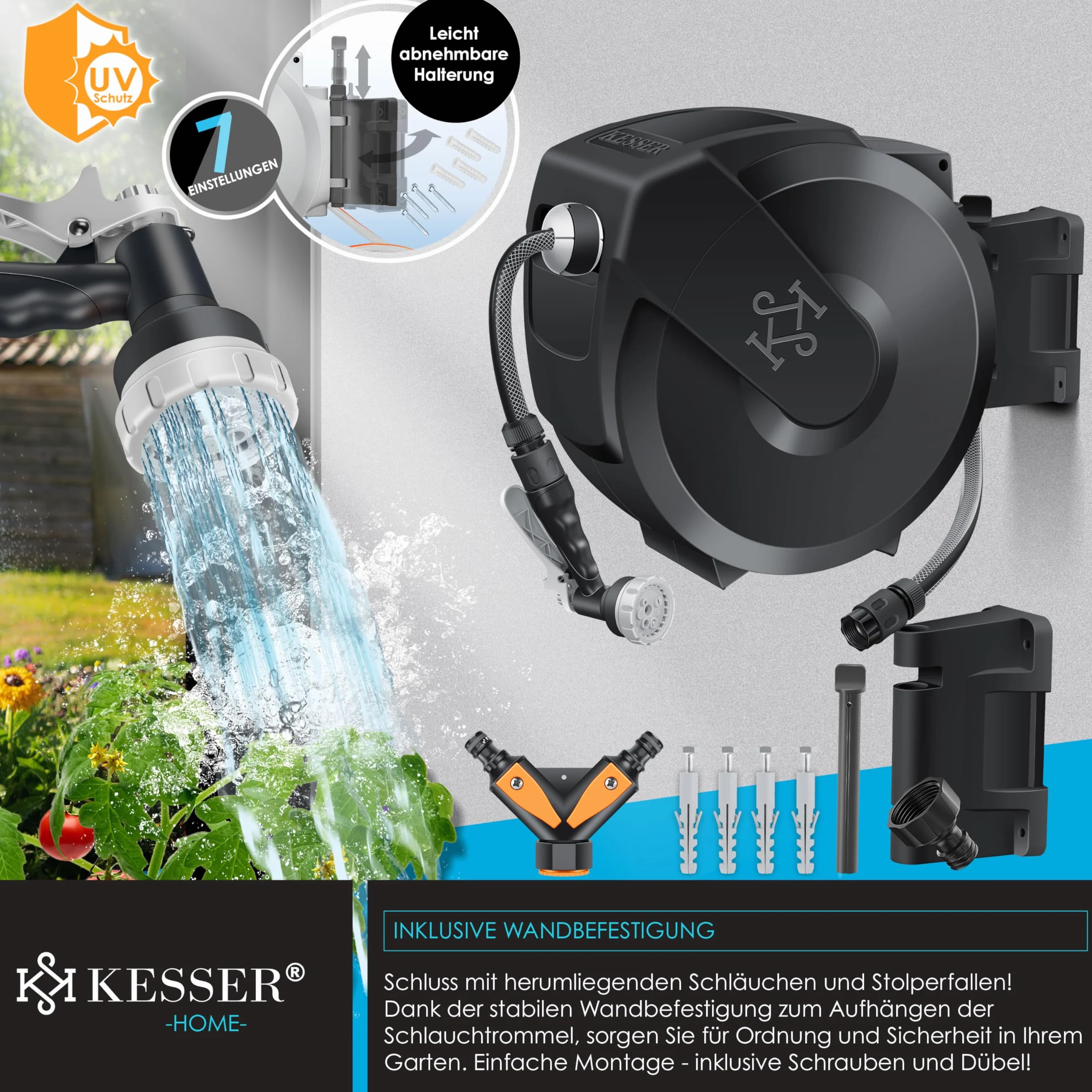 KESSER® Bęben na wąż ogrodowy z wężem ogrodowym 30 m | bęben do węża wodnego do montażu na ścianie | uchwyt ścienny | obracany o 180° i automatyczne zwijanie | pudełko na wąż ścienny w zestawie z 7