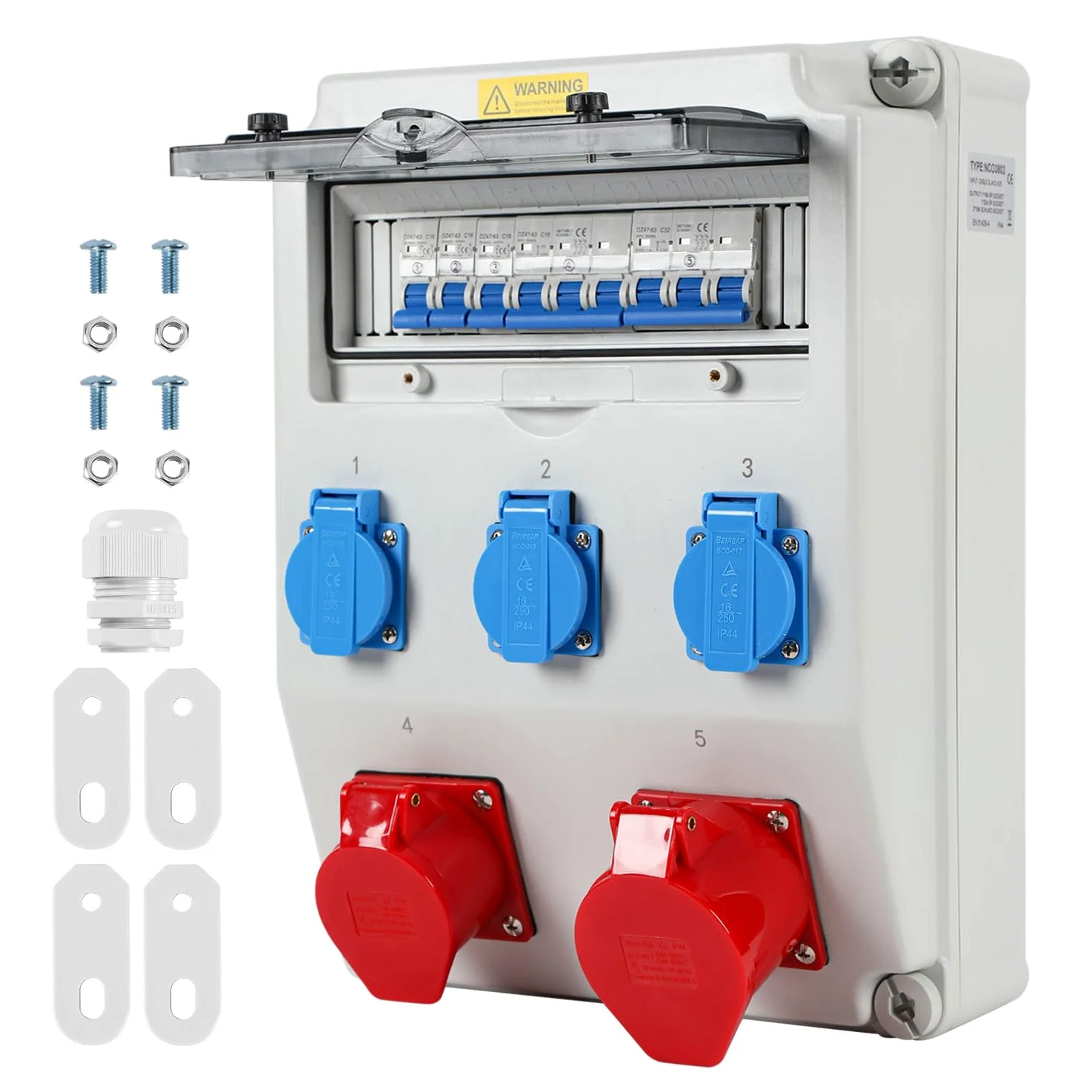 Rozdzielacz prądu budowlanego, 1 x CEE 32 A 400 V + 1 x CEE 16 A 400 V + 3 x 230 V Schuko, 5-biegunowy rozdzielacz ścienny z przełącznikami LS, rozdzielacz prądu IP44 z klapkami zabezpieczającymi