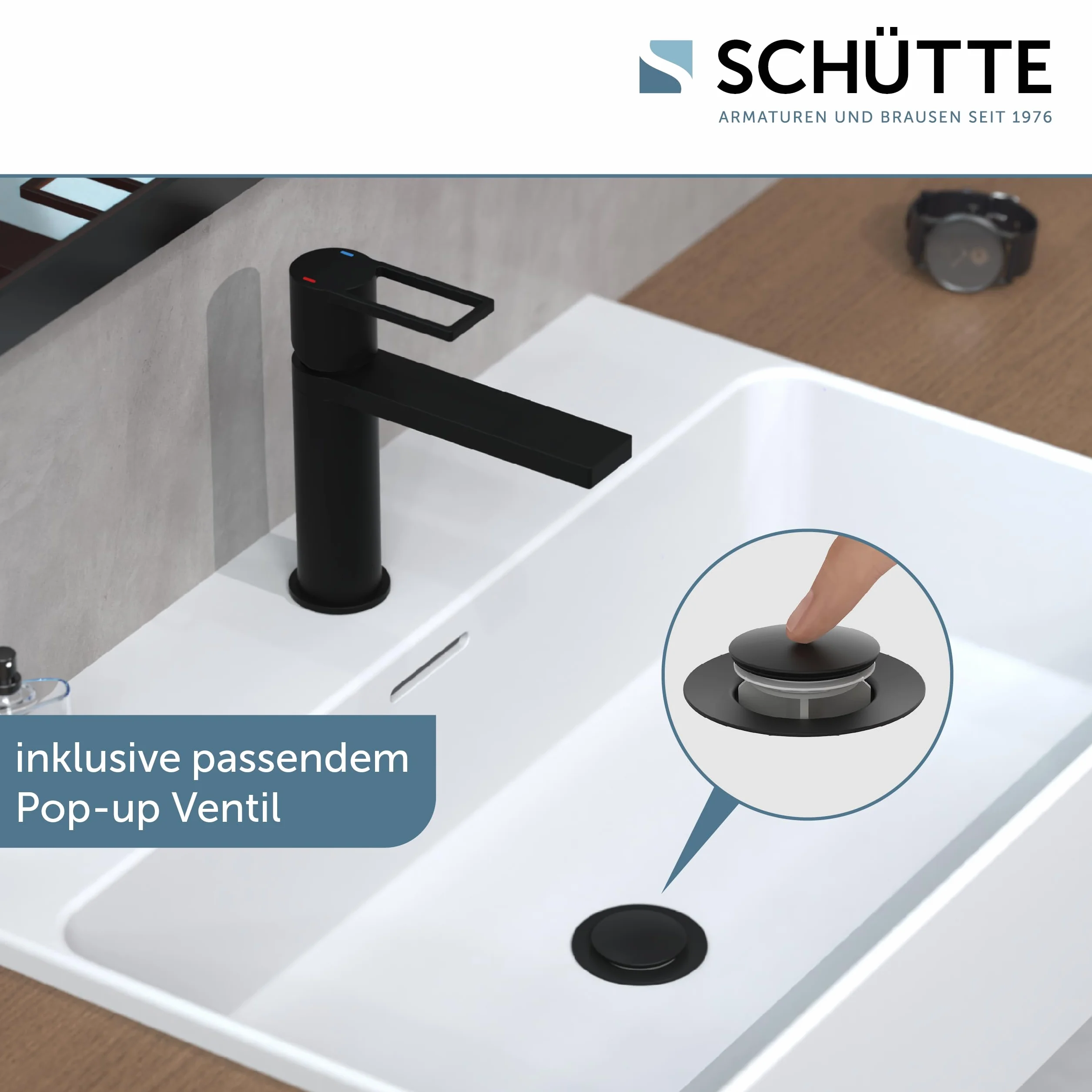 SCHÜTTE MANHATTAN 33016 bateria umywalkowa łazienkowa z zestawem odpływowym, jednouchwytowa bateria łazienkowa z korkiem odpływowym, bateria mieszakowa, umywalka, czarna