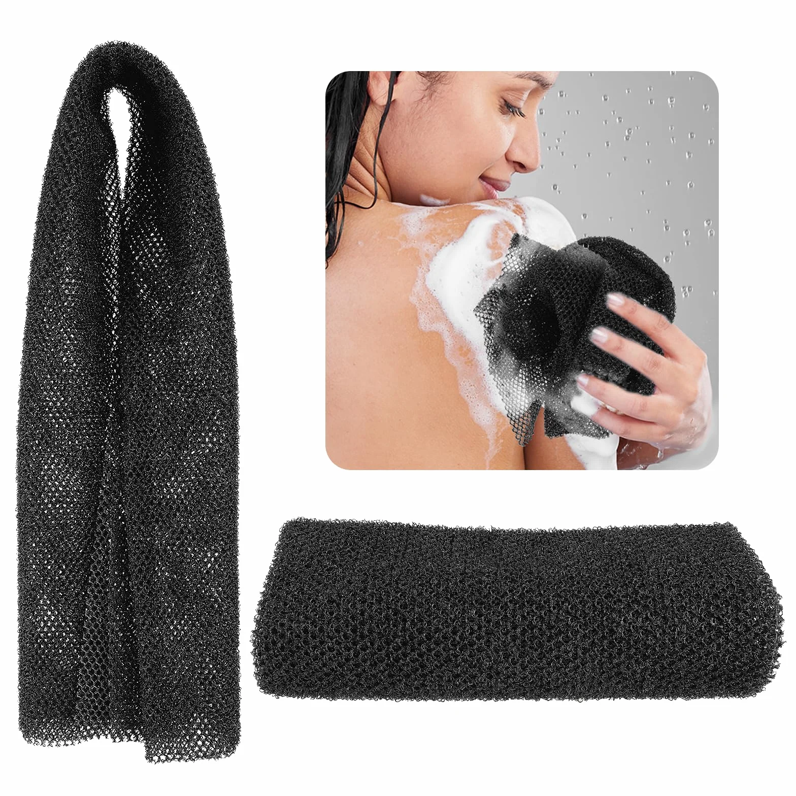 COMNICO Afrykańska gąbka do kąpieli, długa siatka, peeling, myjka pod prysznic, do mycia ciała, gąbka, loofah, wygładzająca skórę, do codziennego użytku (czarna)