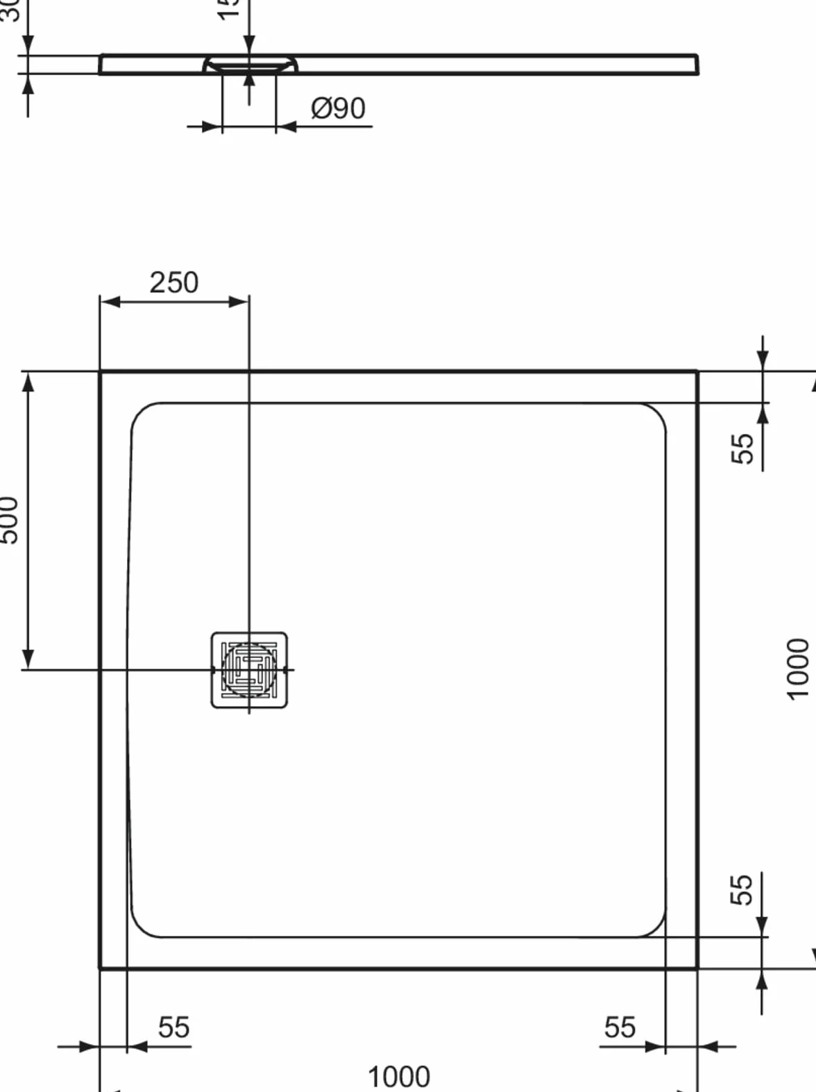 Ideal Standard - Ultra Flat S +, ultra-cienki kwadratowy talerz prysznicowy z żywicy o wyglądzie kamienia, 100 x 100 cm, idealny solidny, betonowy szary