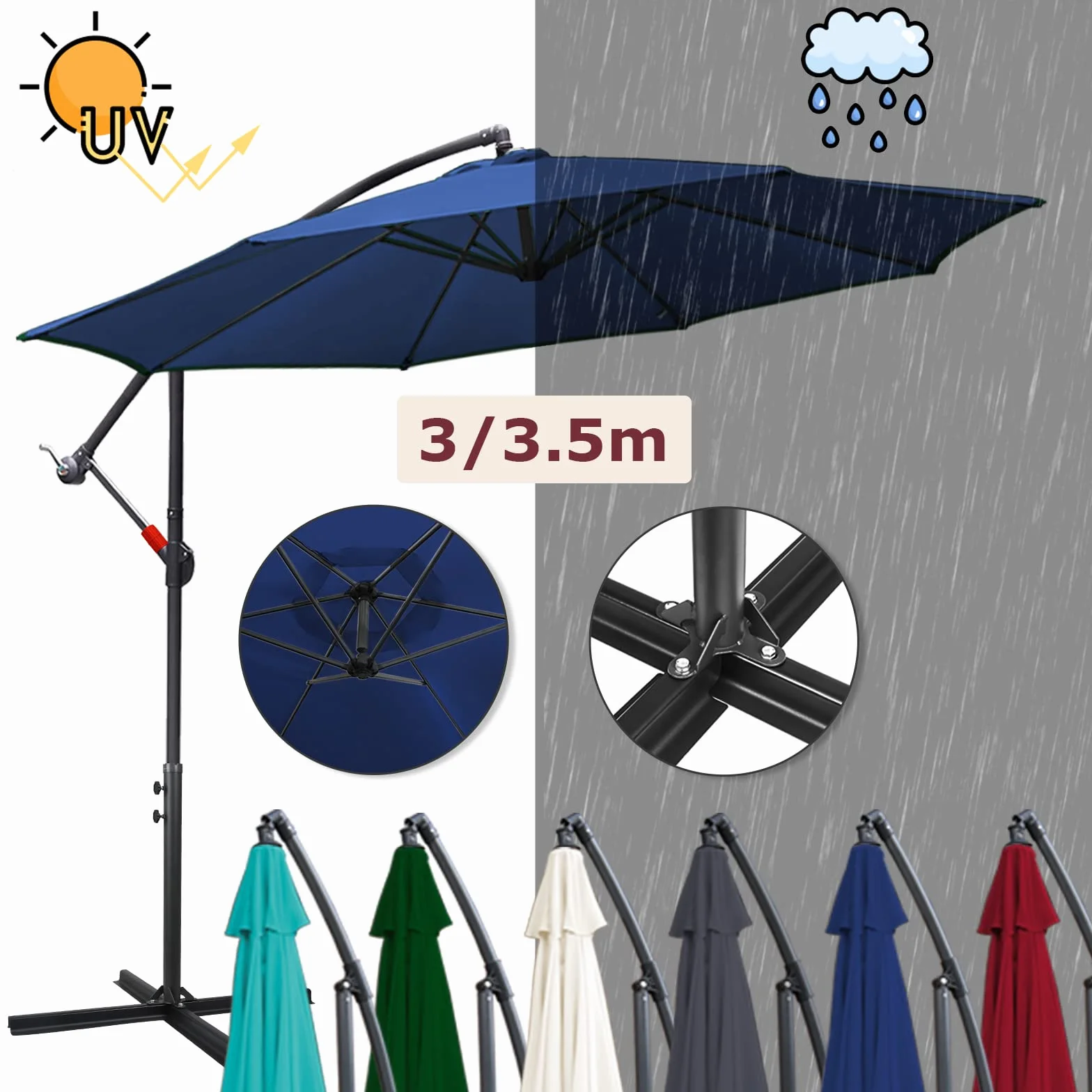 Fiqops Solarny parasol przeciwsłoneczny LED, Ø 350 cm, z korbą, aluminiowy parasol ze stojakiem, ochrona przed promieniowaniem UV, aluminium, na korbę, do ogrodu