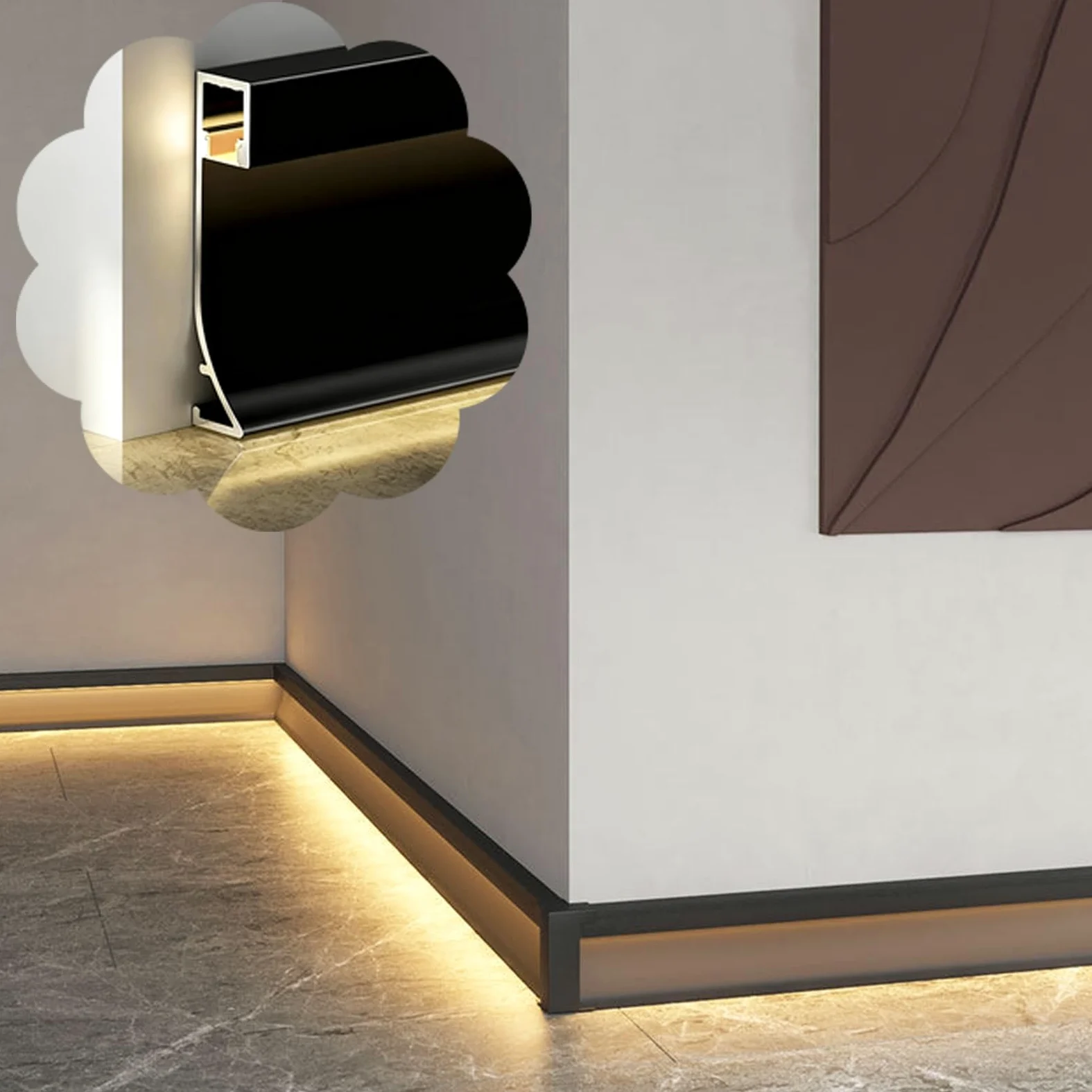 Listwa przypodłogowa LED do montażu powierzchniowego, podłoga wewnętrzna Oświetlenie pośrednie Profil aluminiowy do przedpokoju w sypialni, kuchni, kanał dyfuzora taśmy LED(2.5m)