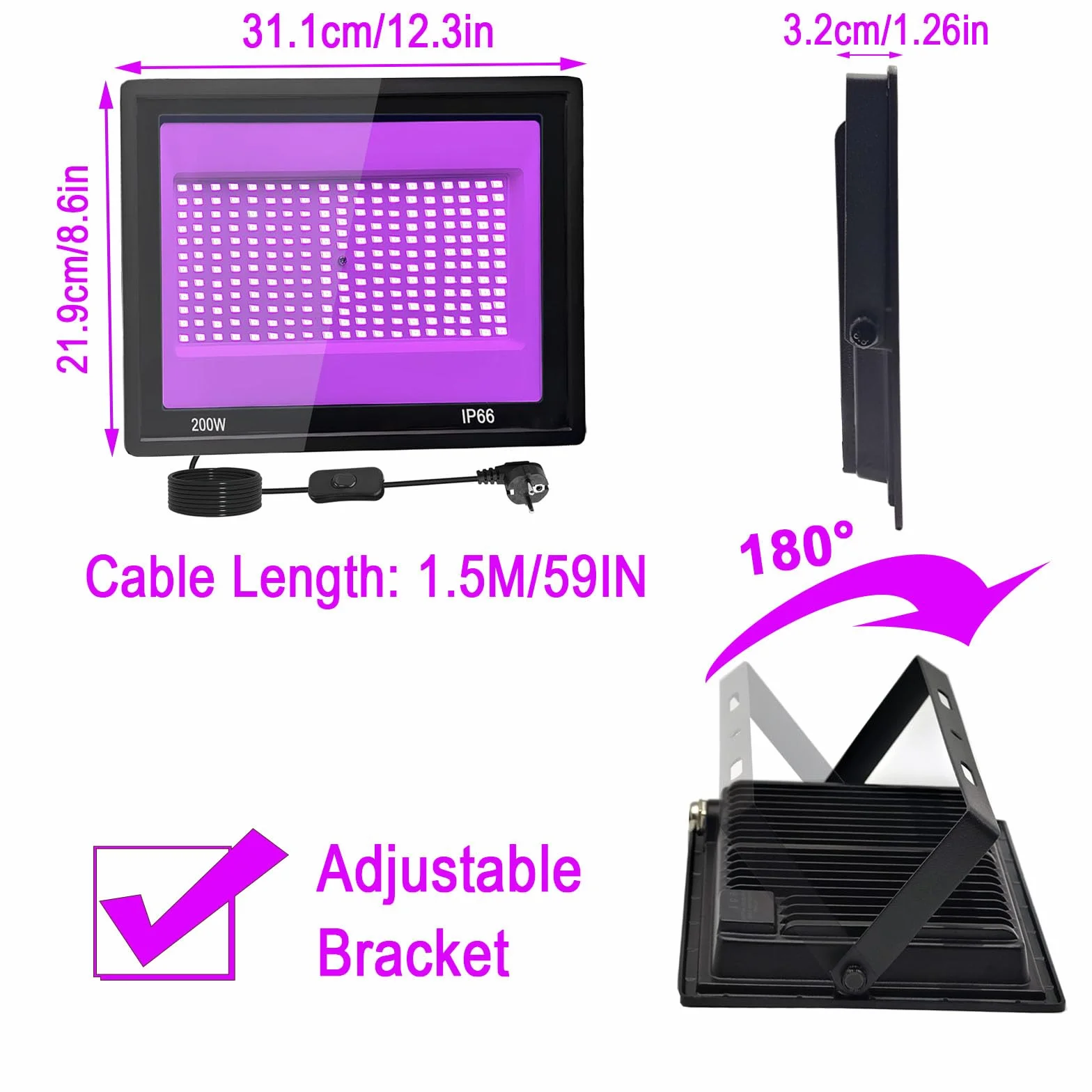 2 sztuki 200 W czarne światło LED, IP66 wodoodporna lampa UV UV, czarne światło ultrafioletowe z przełącznikiem na Halloween, malowanie ciała, neon, DJ, czarne światło, klub nocny