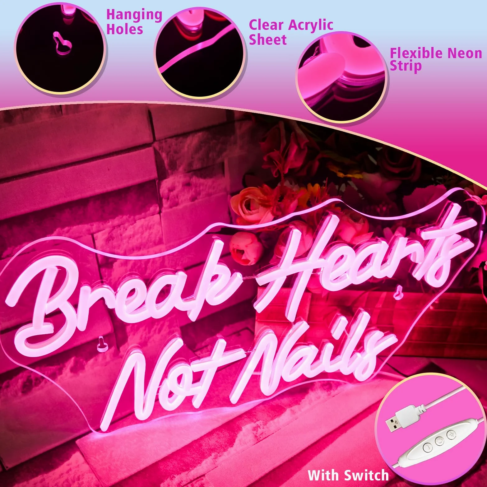 Neonowy znak "Break Heart Not Nails" do dekoracji ścian, neonowy jasnoróżowy neon LED do sypialni, paznokci, salonu, salonu piękności, sklepu, dekoracja, prezent
