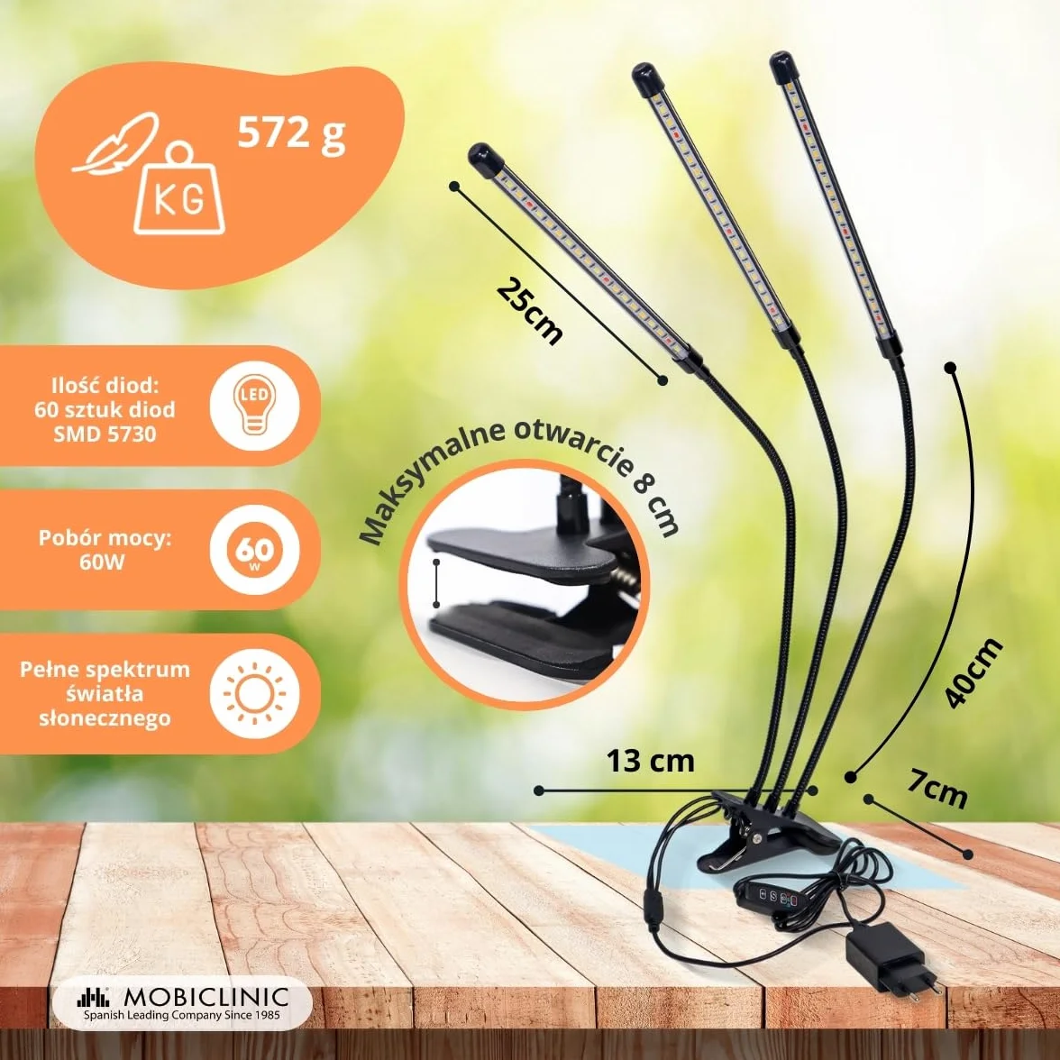 Mobiclinic Lampa Roślinna LED Growflex X3 60W Pełne Spektrum 6000K 10 Poziomów Jasności Obrót 360°