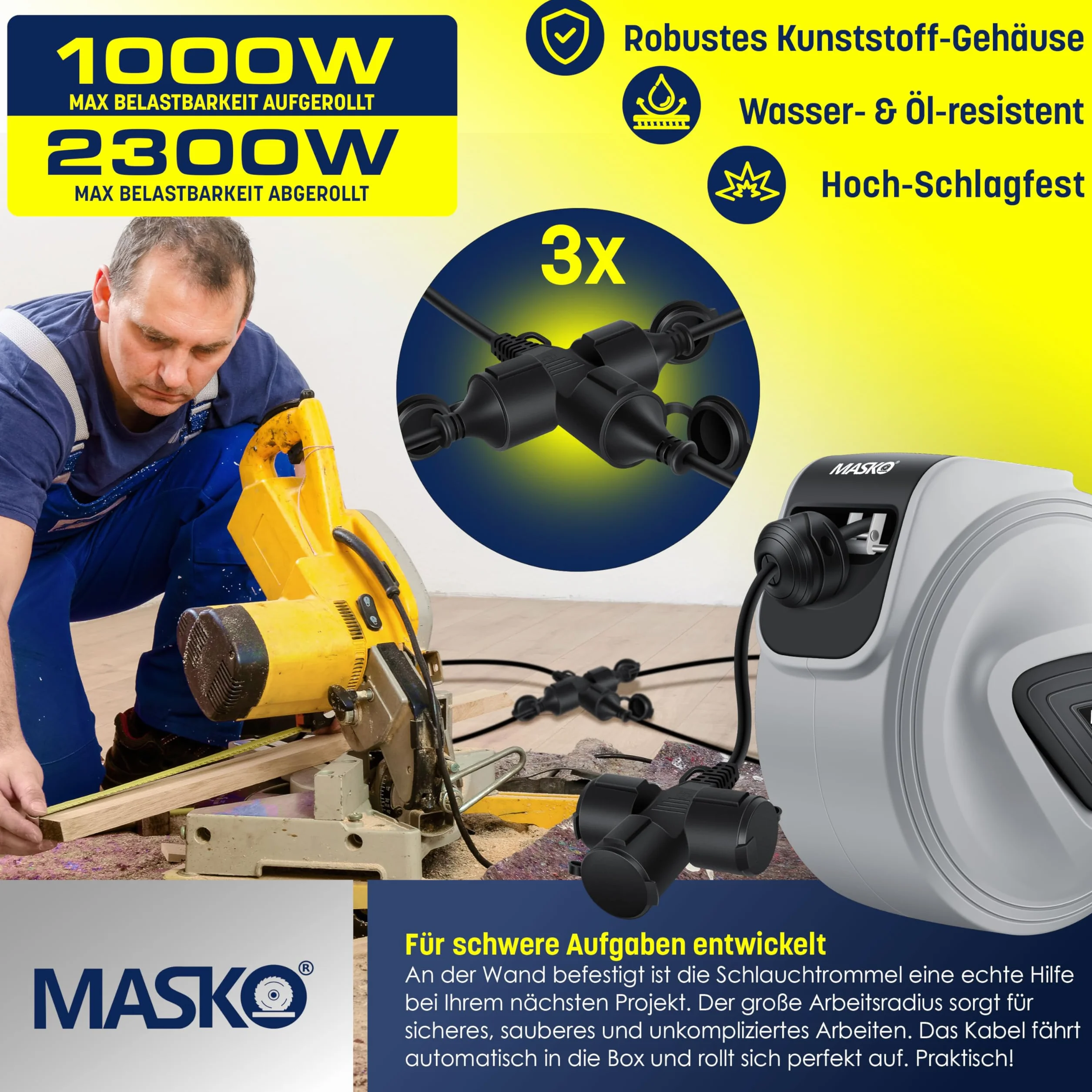 MASKO® Automatyczny bęben kablowy, przedłużacz 20 m, 3-krotne podłączenie, obracany o 180°, przewód doprowadzający, uchwyt ścienny, warsztat, zwijacz kabli, automatyczny bęben prądowy, szary / czarny