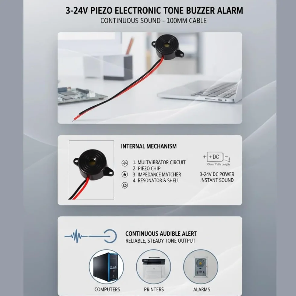 Brzęczyk Piezoelektryczny Alarmowy 85 dB Brzęczyk Elektroniczny 12 V Do 3-24 V Aktywny Dźwięk Ciągły Długość Kabla 100 mm Do Systemów Alarmowych Samochodowych I Domowych