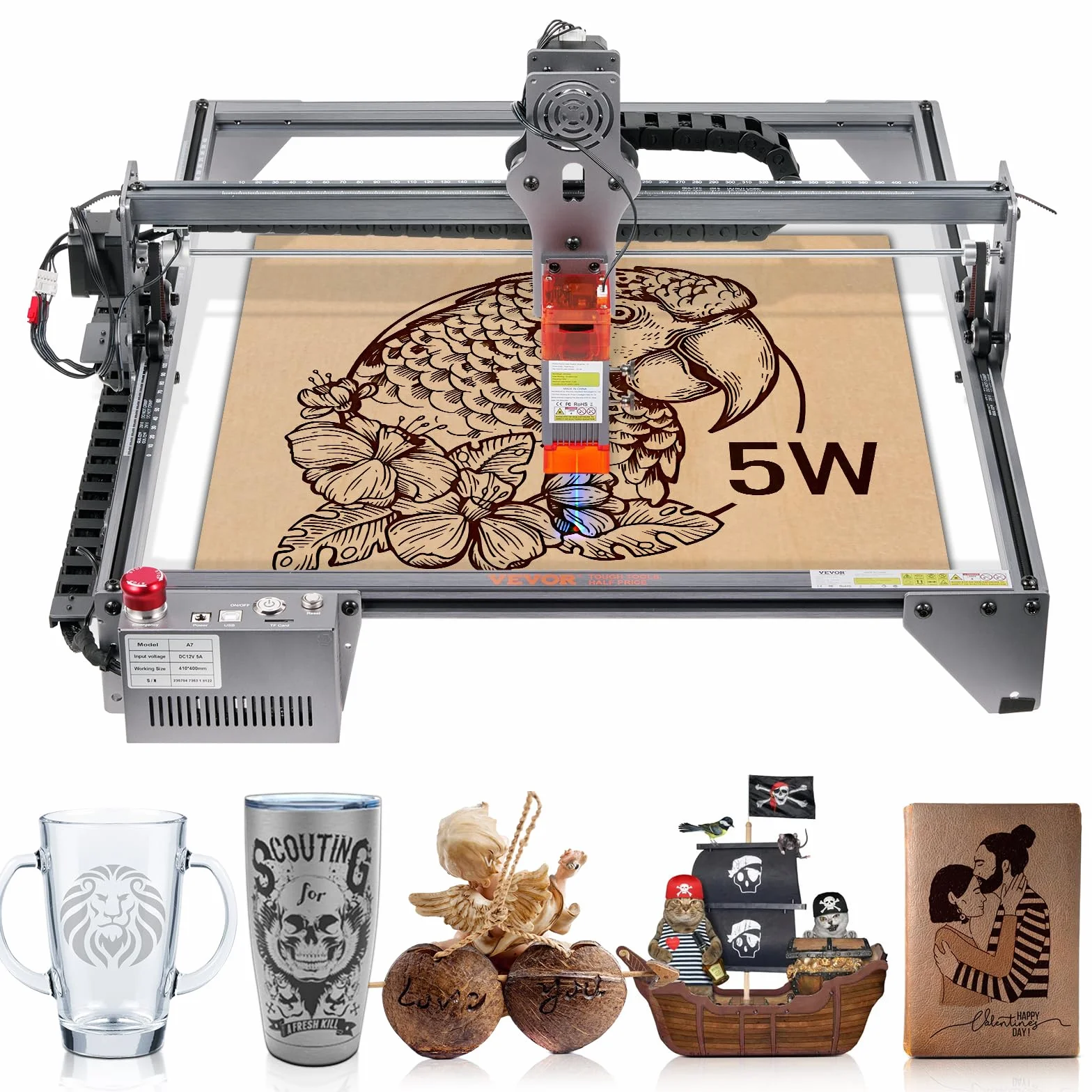 VEVOR Maszyna do grawerowania laserowego, 5 W, 40 x 40 cm, powierzchnia do grawerowania, 455 ± 5 nm, laser niebieskiego światła 10 000 mm/min, kompatybilny z LightBurn & LaserGRBL do drewna, tworzywa