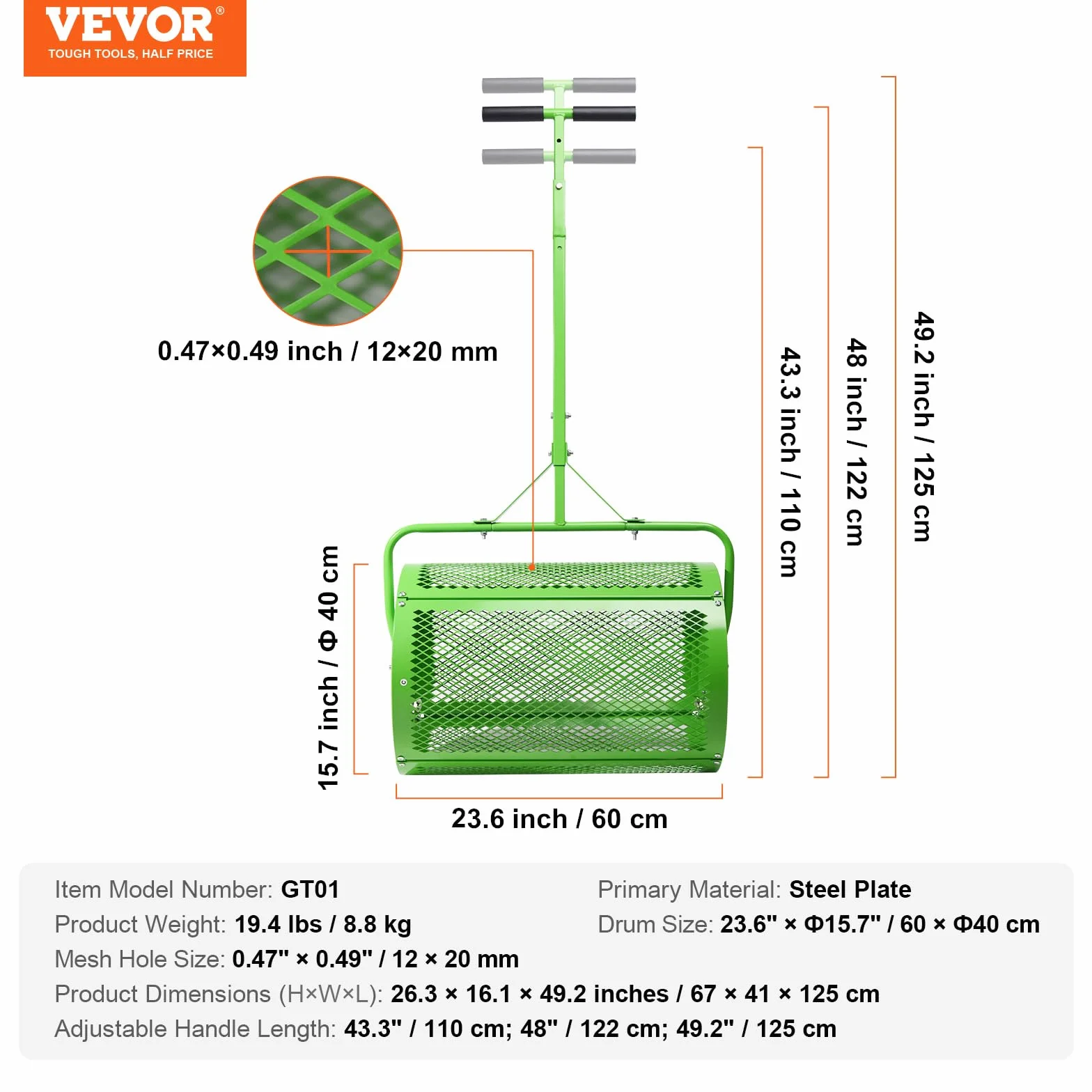 VEVOR Rozsiewacz kompostu z mchu torfowego 60 cm rozrzutnik trawnika z wałkiem do holowania