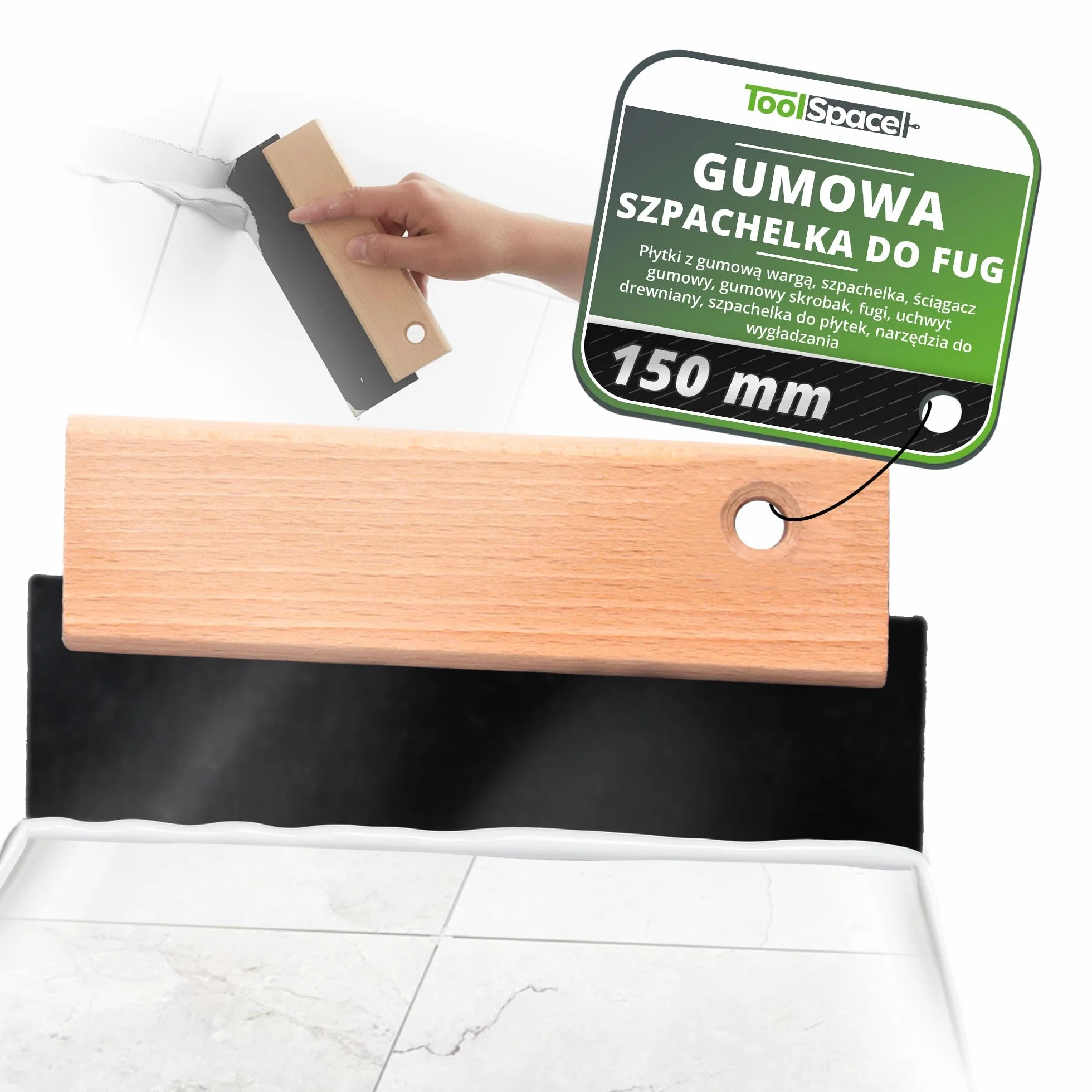 ToolSpace Fugownica - 15 cm - Fugówka, Gumowa Szpachelka do fugowania, do płytek - Narzędzie glazurnicze - Drewniany uchwyt, gumowa część robocza - Elastyczna i Trwała Guma - Precyzyjna Praca
