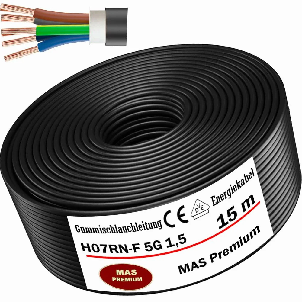 Przewód gumowy od 5 do 100 m, kabel zasilający na plac budowy H07RN-F 5G1,5 mm², elastyczny przewód z przewodem ochronnym do ciężkich urządzeń (15 m)