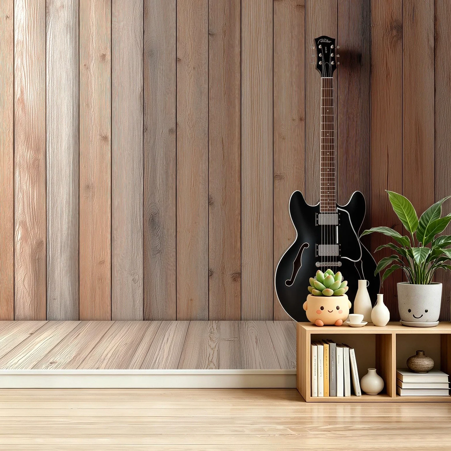 Przemysłowe fototapety Gitara Ściana Drewniane Narzędzie Czarny Kolor Tapeta Włóknina Dekoracja Salon Sypialnia Muzycy, 350 x 256 cm