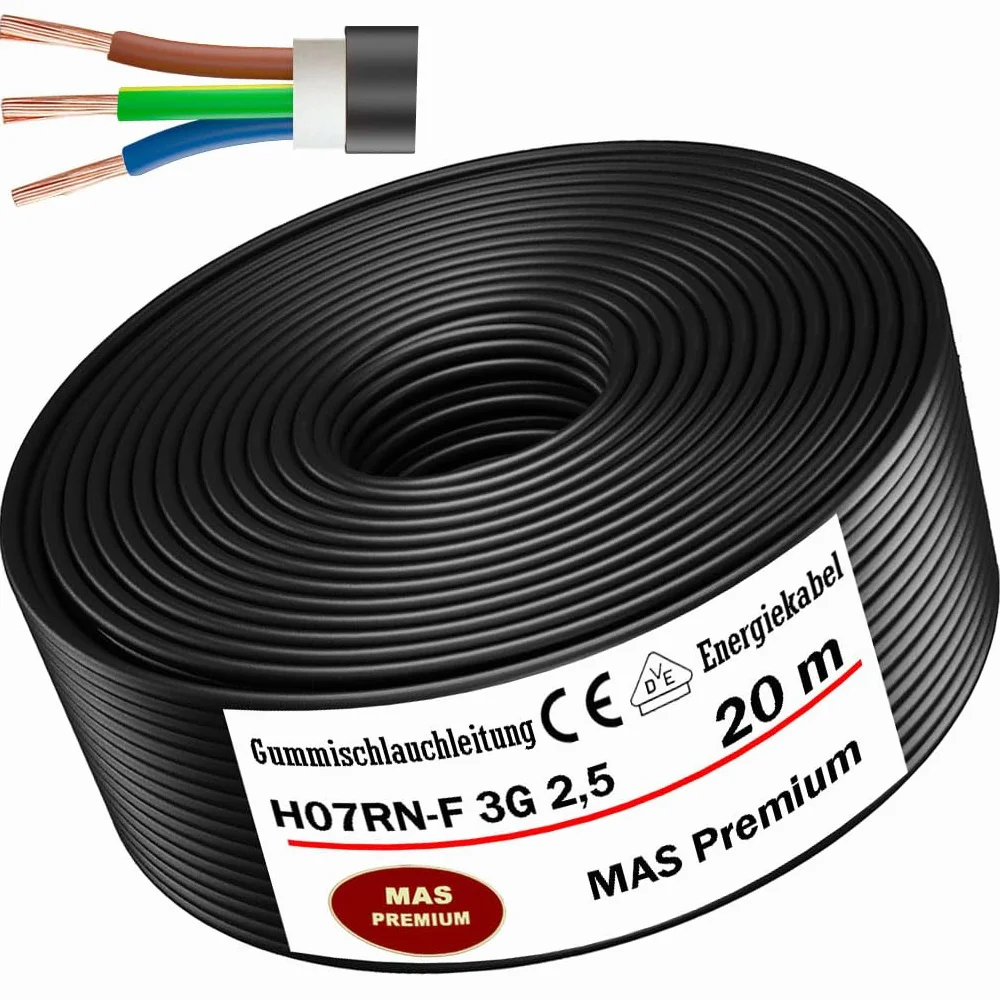MAS Premium Wąż gumowy, 5-100 m, kabel zasilający do budowy H07RN-F 3G 1, 3G 1,5, 3G 2,5, 3G 4, 3G 6, 3G 10 lub 3 x 1,5, elastyczny przewód do ciężkich urządzeń (H07RN-F 3G2,5 mm², 20 m)