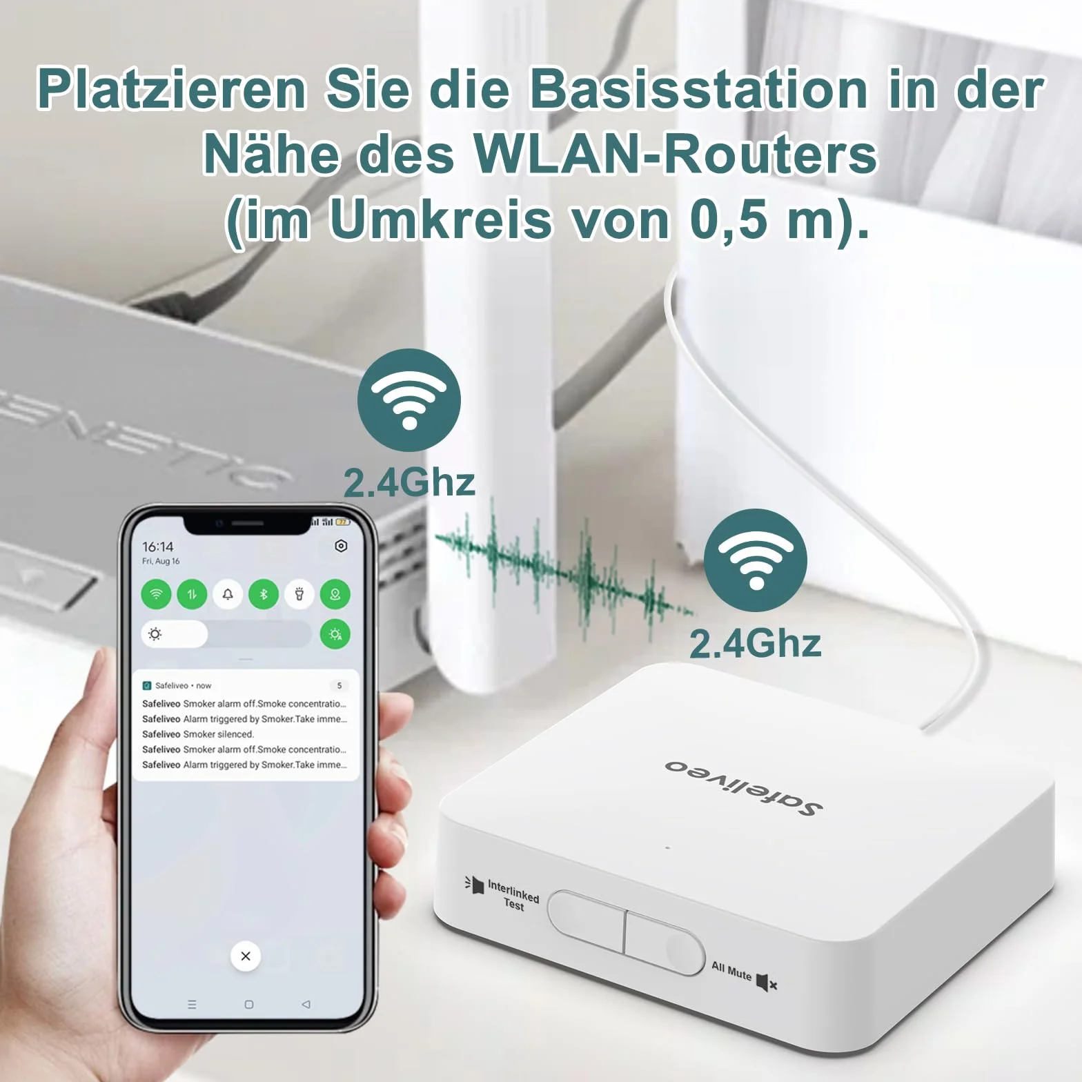 Safeliveo Czujka dymu WiFi z 10-letnią baterią, czujnik dymu, zestaw 2 szt. ze stacją bazową, certyfikat TUV Rheinland, zestaw alarmu dymu ze sterowaniem za pomocą aplikacji