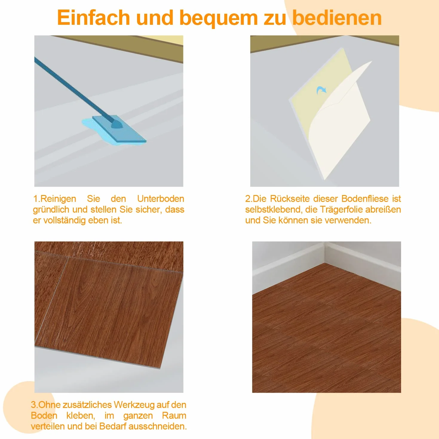 Fiqops 30 x 30 cm, ok. 4 m², 44 płytki PCW, wykładzina podłogowa, samoprzylepna, winylowa, antypoślizgowa, wodoodporna, laminat, płytki winylowe, do ogrzewania podłogowego, kolor drewna, rysunek
