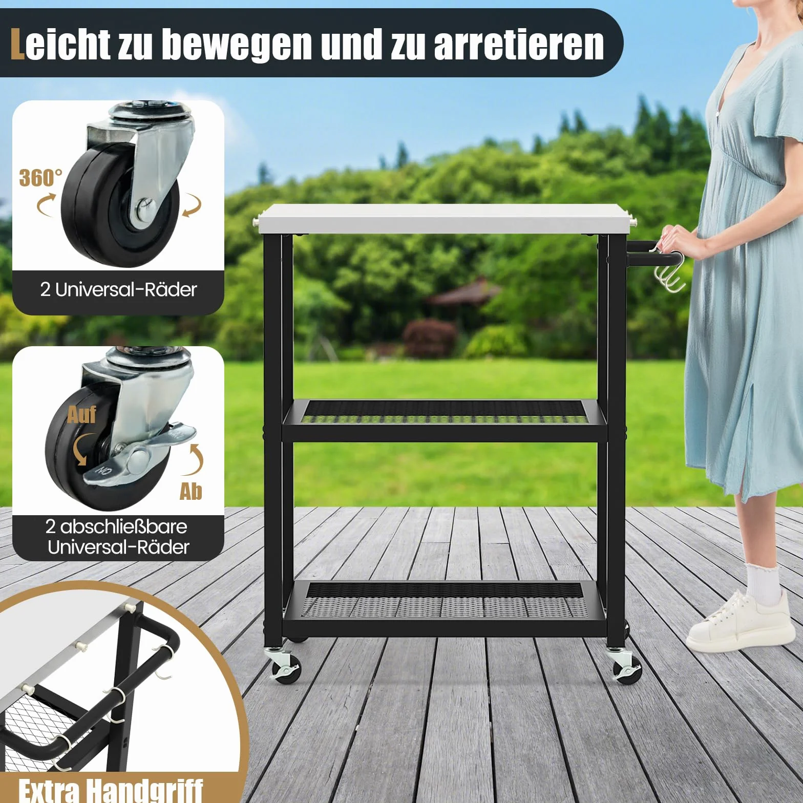 COSTWAY Grill na kółkach stół do grillowania z 3 półkami 4 kółkami