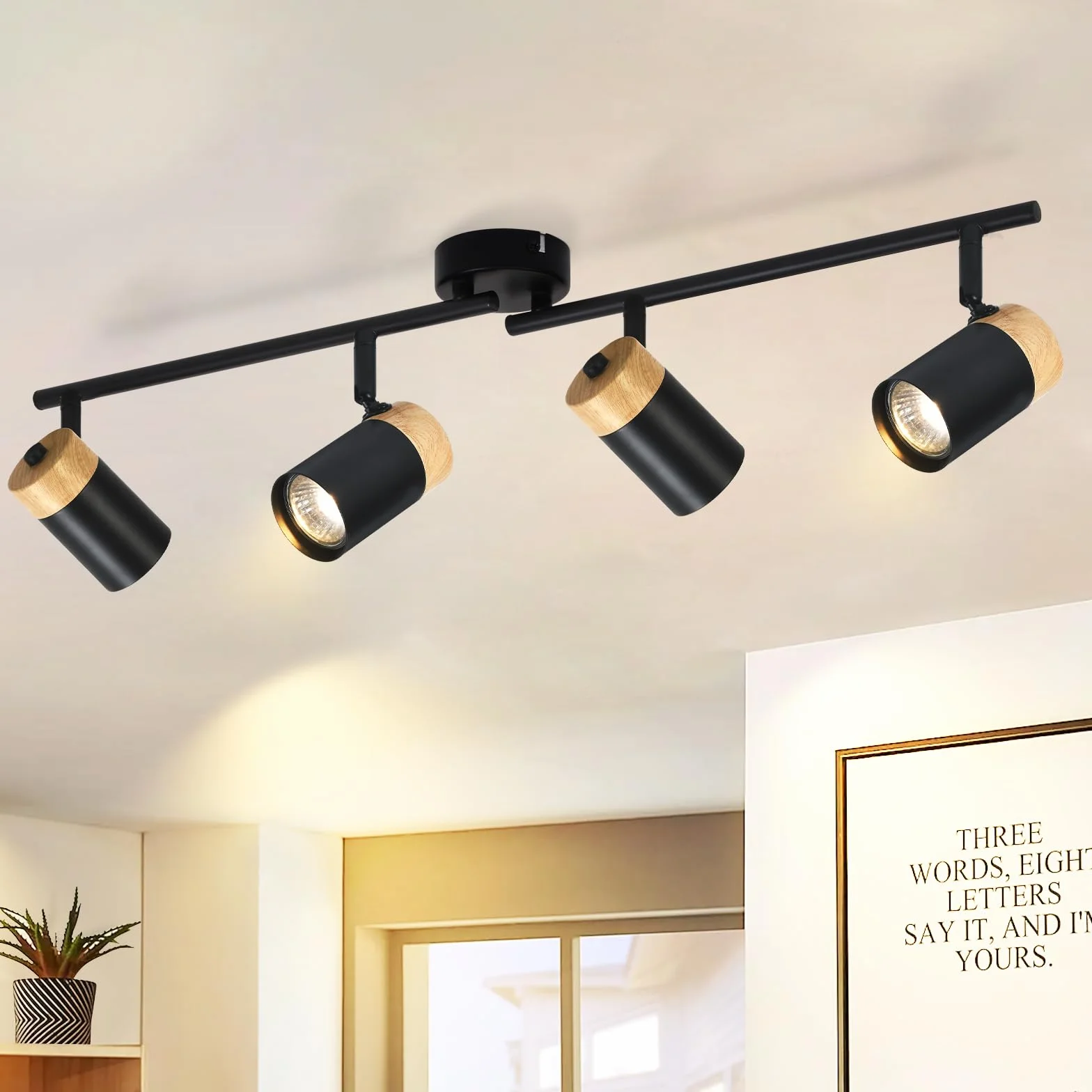 Glitzerlife sufitowy reflektor drewniany czarny lampa sufitowa - lampa sufitowa 4 płomienie GU10 LED obrotowy 330° reflektor do salonu sypialni kuchni pokoju dziecięcego bez żarówek