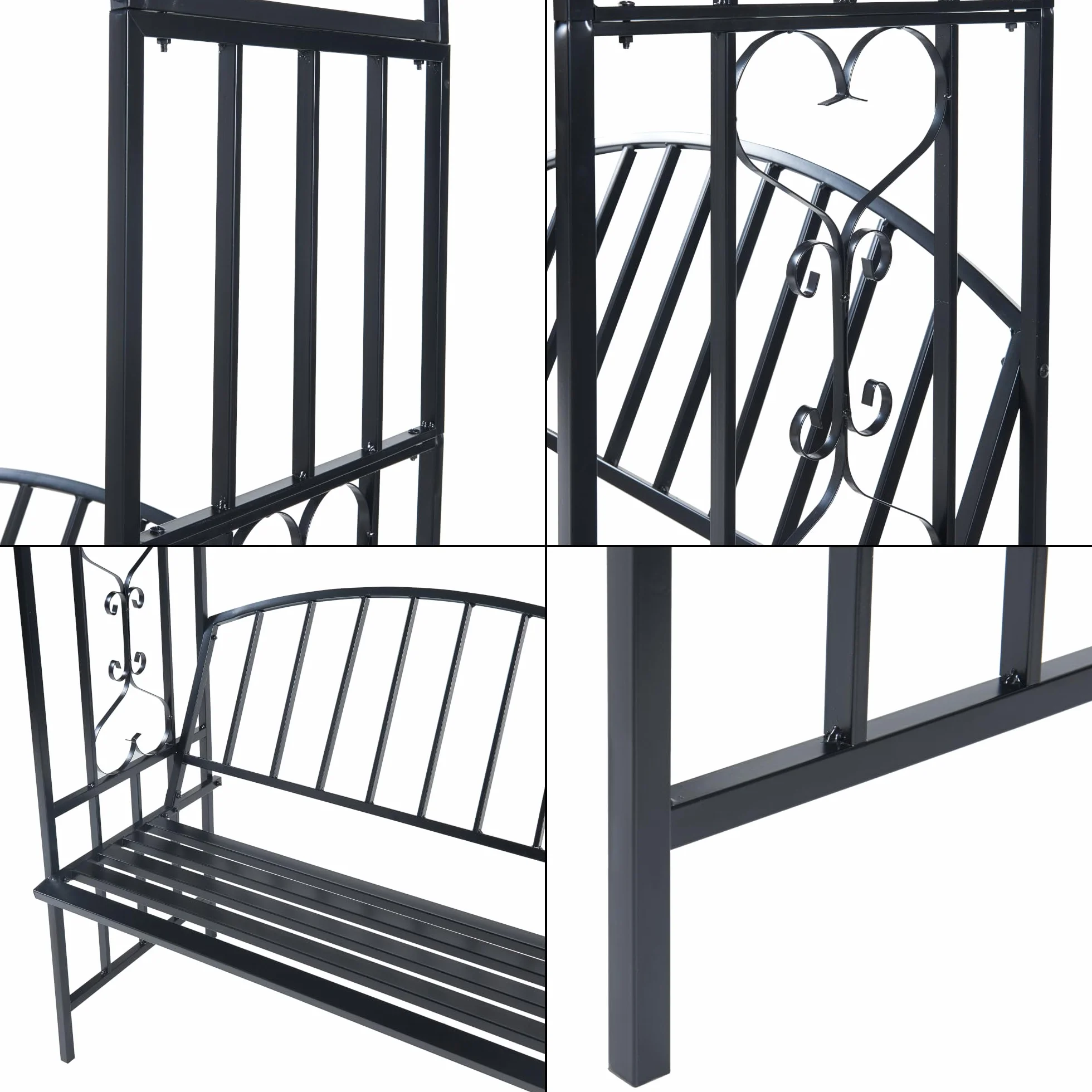 casa.pro Pergola Barile z ławką łuk różany z dwuosobową ławką metal czarny 205x114x55 cm łuk ogrodowy