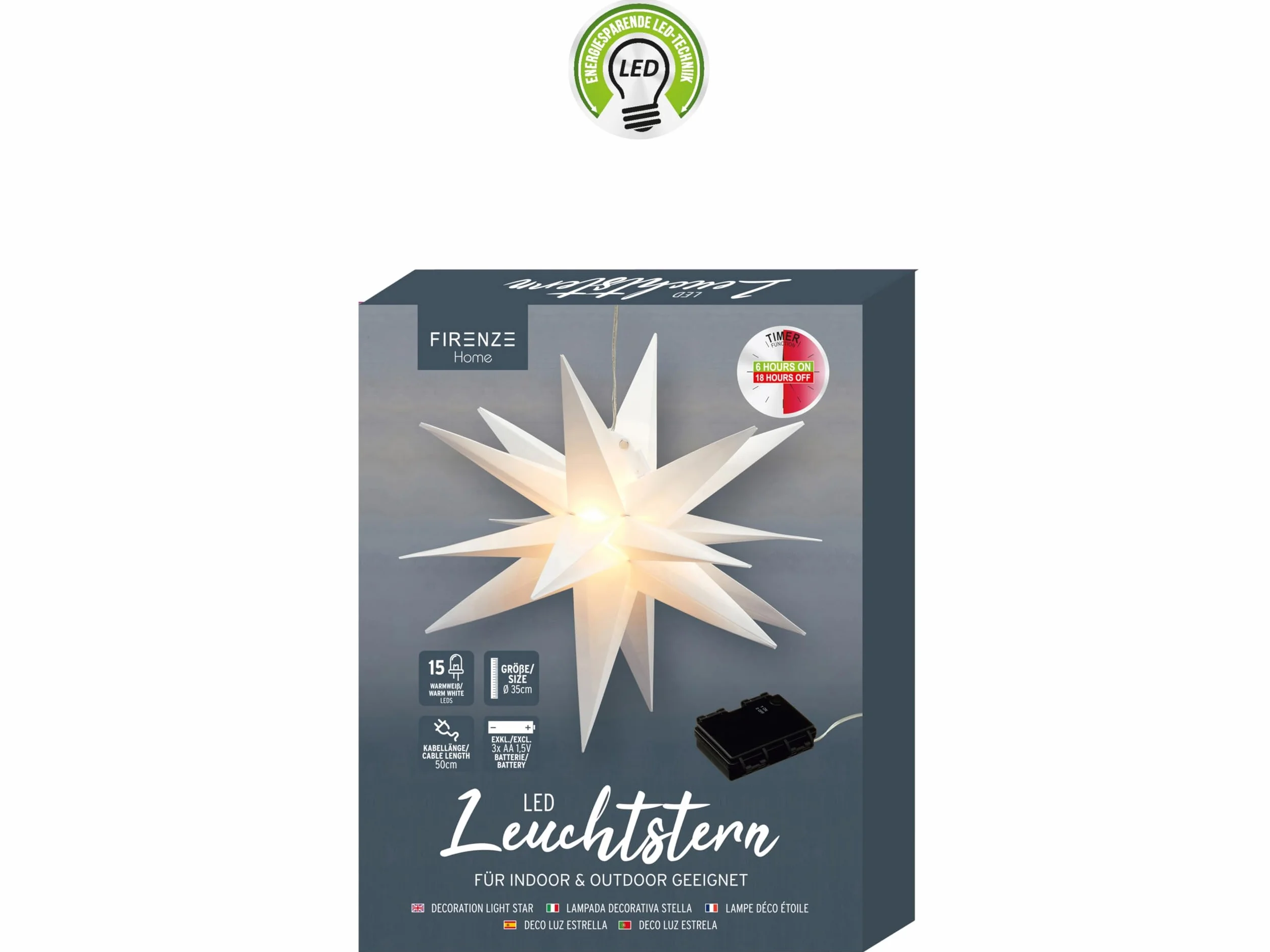 Świecąca gwiazda 3D biała z PCW LED gwiazda bożonarodzeniowa do zawieszenia, w zestawie 15 diod LED Ø 35 cm, do użytku na zewnątrz IP44 (1 x gwiazda świecąca LED biała)