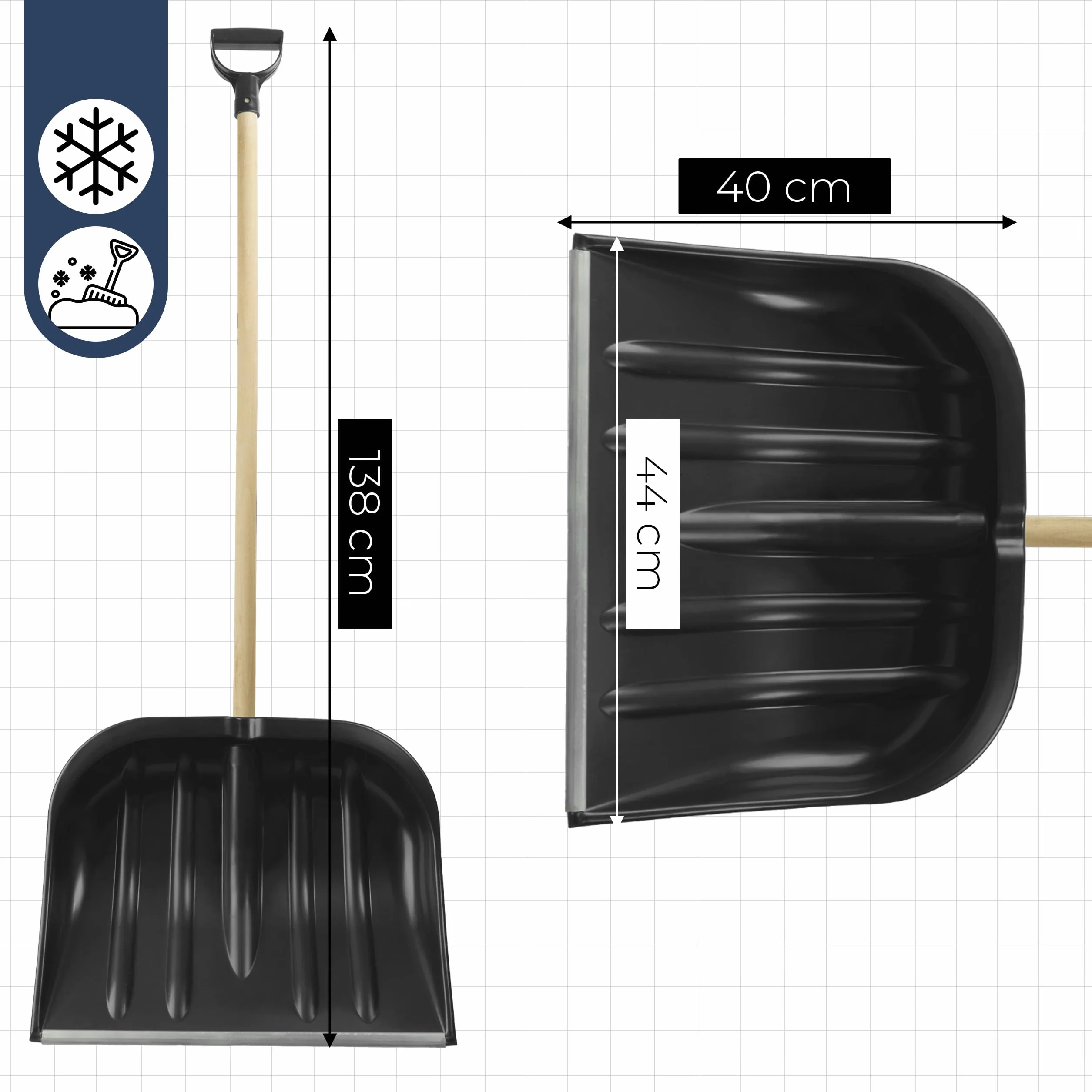 Łopata do Śniegu Duża, Zgarniacz 44x138 cm Mocny Pług do Odśnieżania Czarny Metalowe Okucie Szeroka Łopata do Śniegu z Drewnianym Trzonkiem i Rączką
