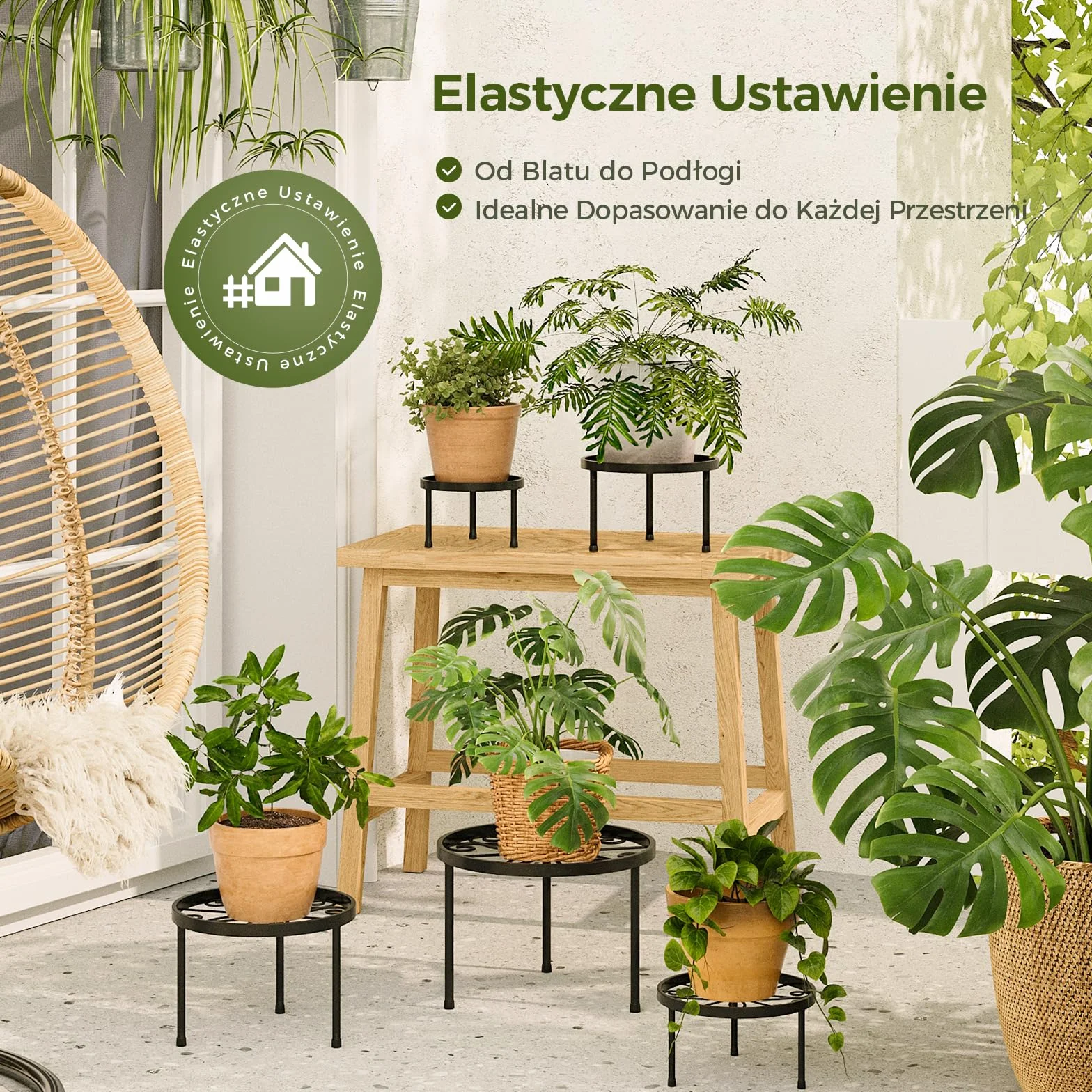 Bamworld 5 Sztuk Metalowe Stołki pod Kwiaty, Czarny Żelazny Stojak na Doniczki, Odporny na Korozję, Okrągły do Dekoracji Domu i Ogrodu