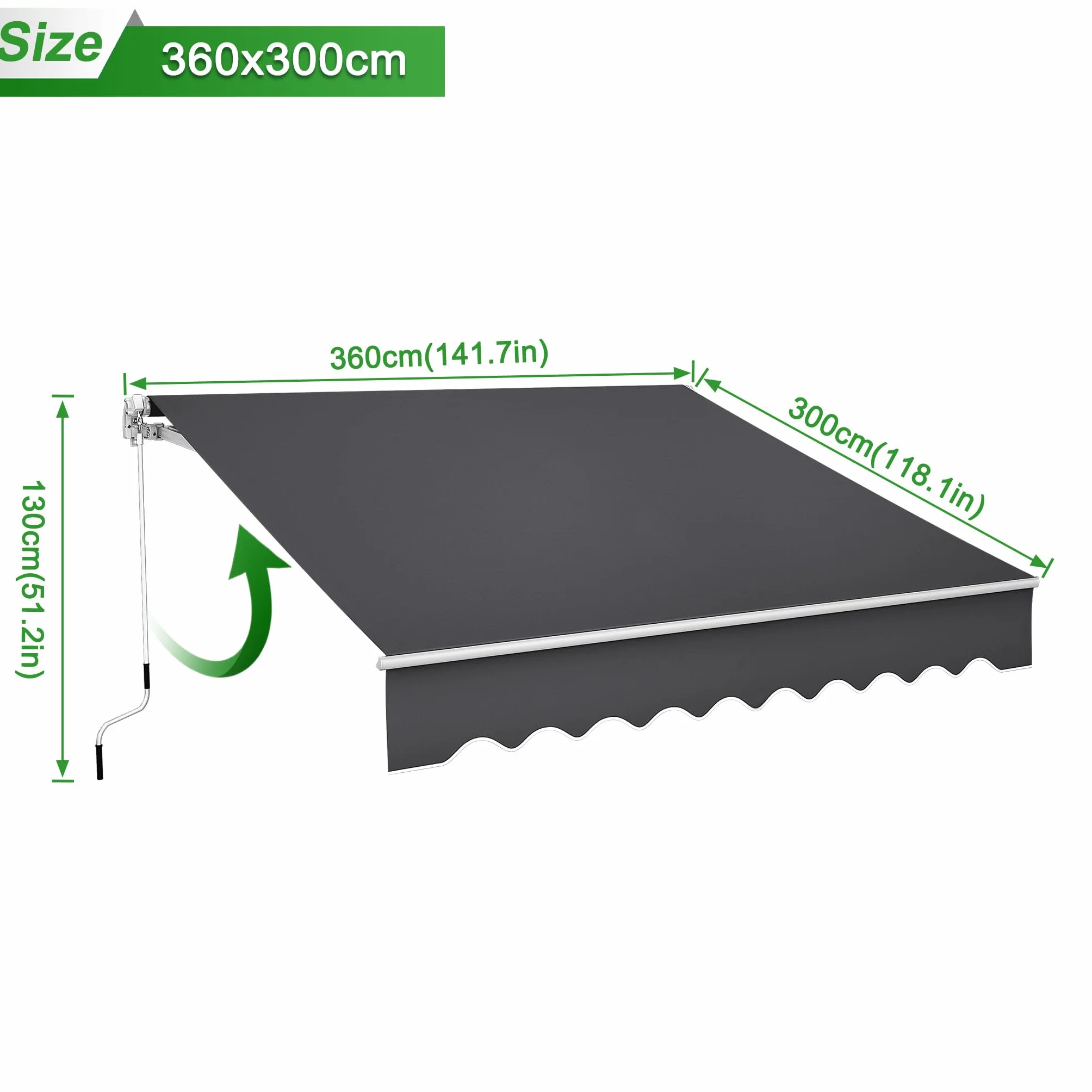 ACXIN Aluminiowa markiza przeciwsłoneczna, osłona ramienia przegubowego, markiza kasetowa, markiza balkonowa z korbą ręczną, wodoszczelna, ciemnoszara (3,6 m x 3 m)