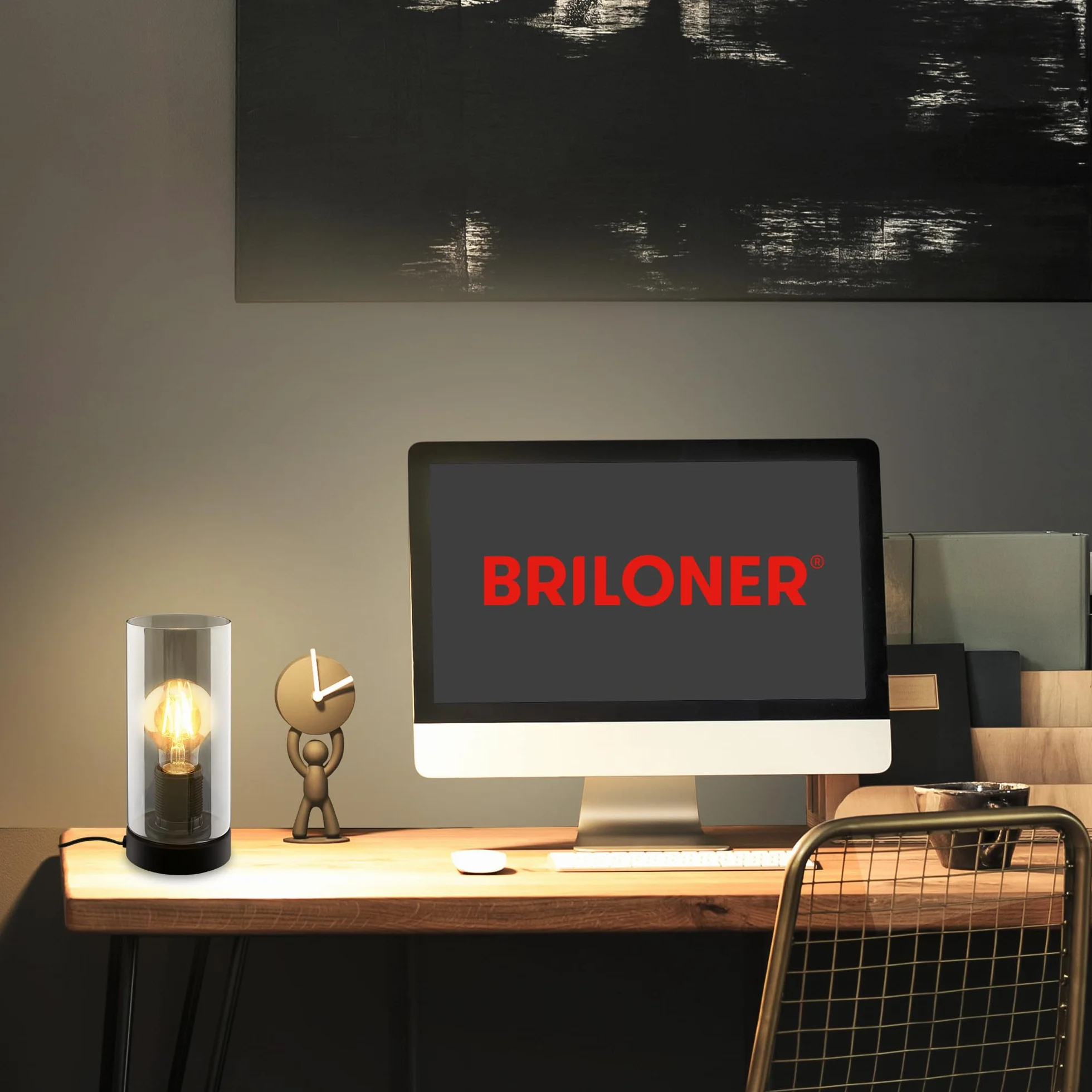 BRILONER - Lampka nocna, szkło dymne, przełącznik przewodowy lampa biurkowa, lampa stołowa E27 do domowego biura, lampka do czytania, czarna