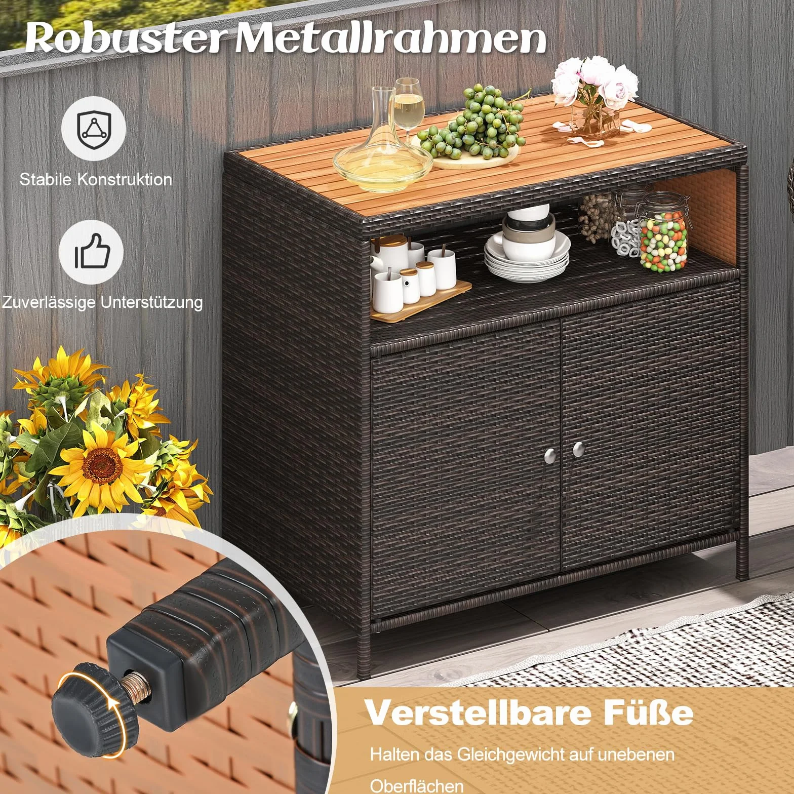 COSTWAY Szafka ogrodowa rattanowa z blatem roboczym z drewna akacjowego 90x53x86