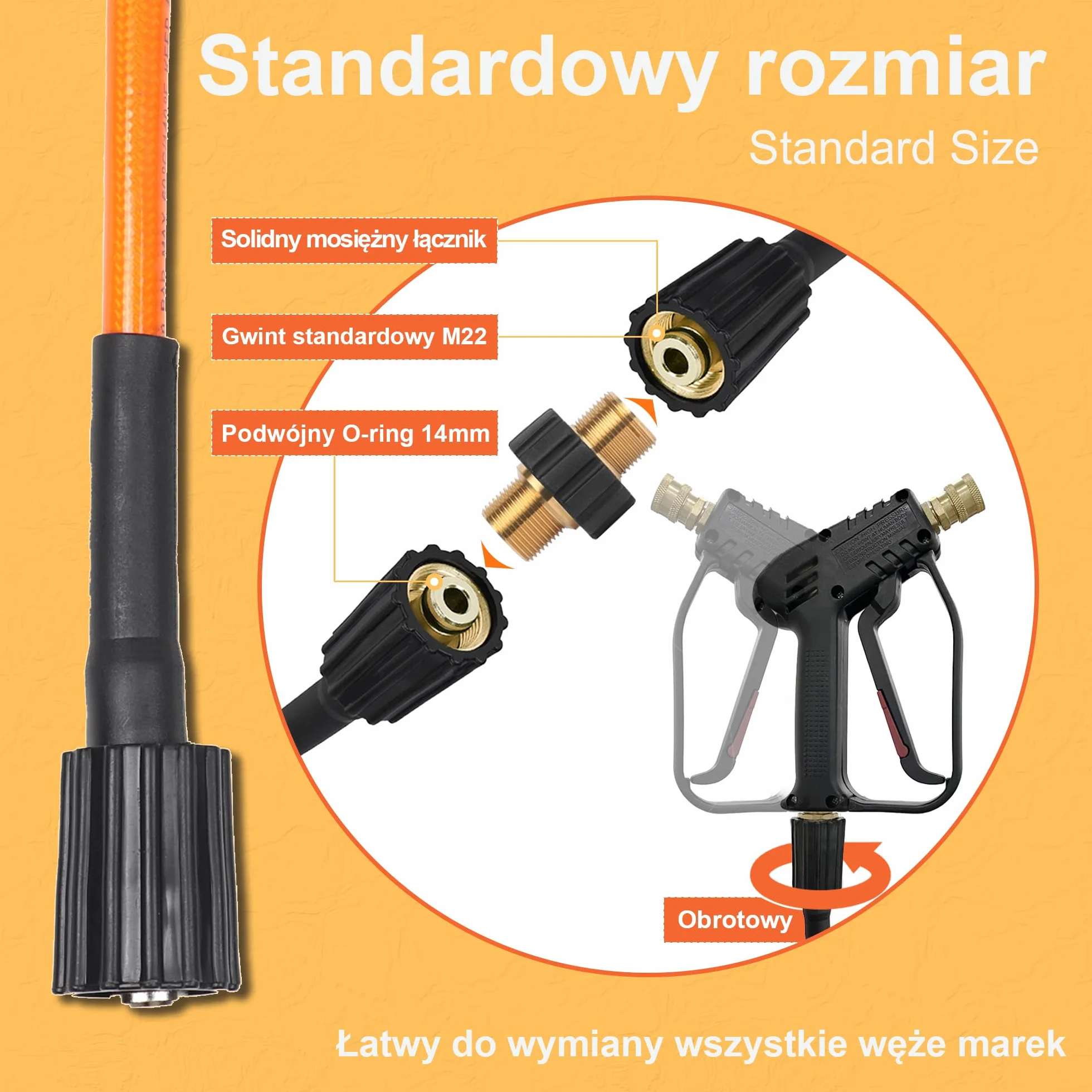 Wąż myjki wysokociśnieniowej 15 m 1/4 cala M22 14 mm 3600 PSI mosiężne przyłącze obrotowe