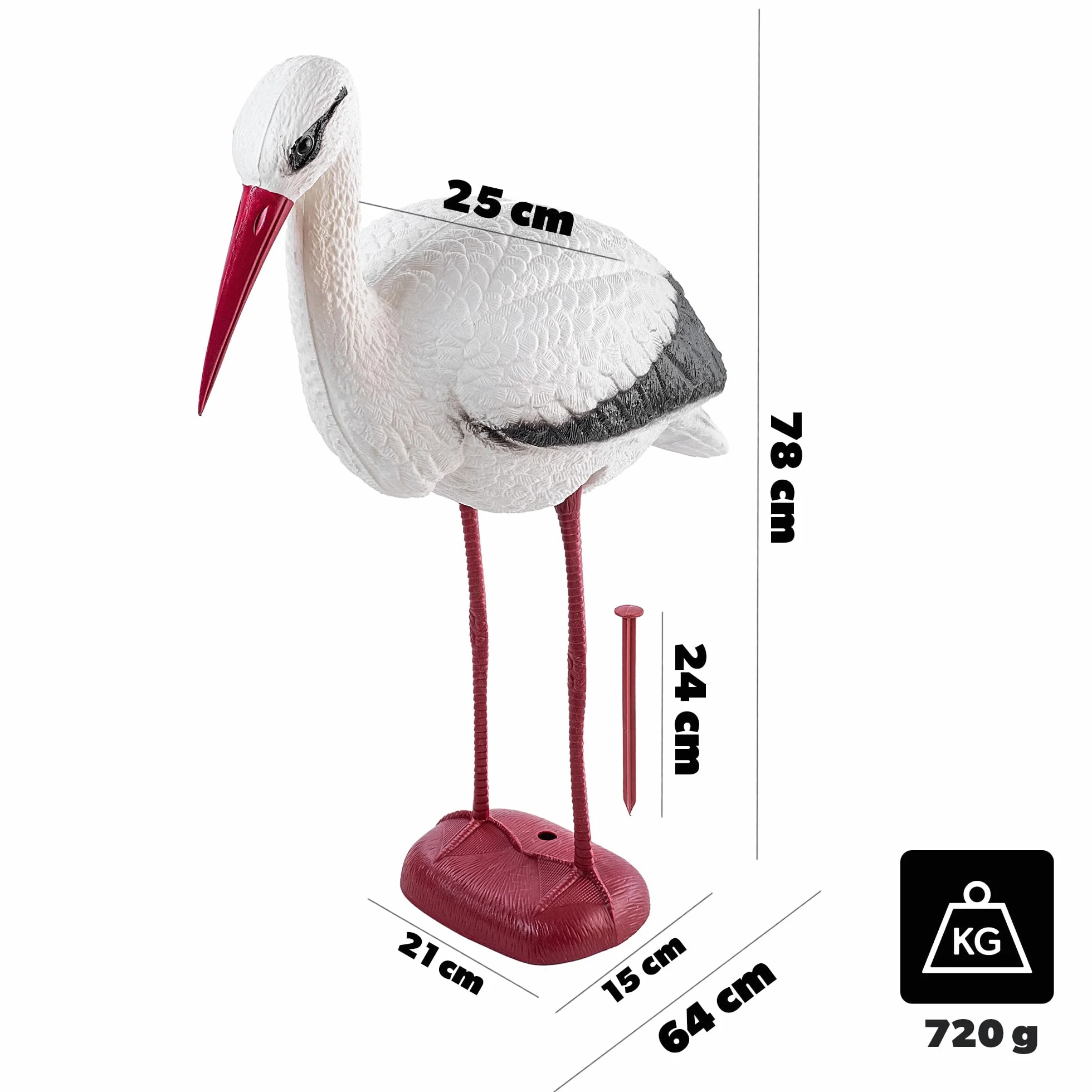 KADAX Figura ogrodowa bocian 78cm, realistyczny wygląd zwiększa skuteczność, odporna na warunki atmosferyczne, do odstraszania czapli i ochrony oczka wodnego