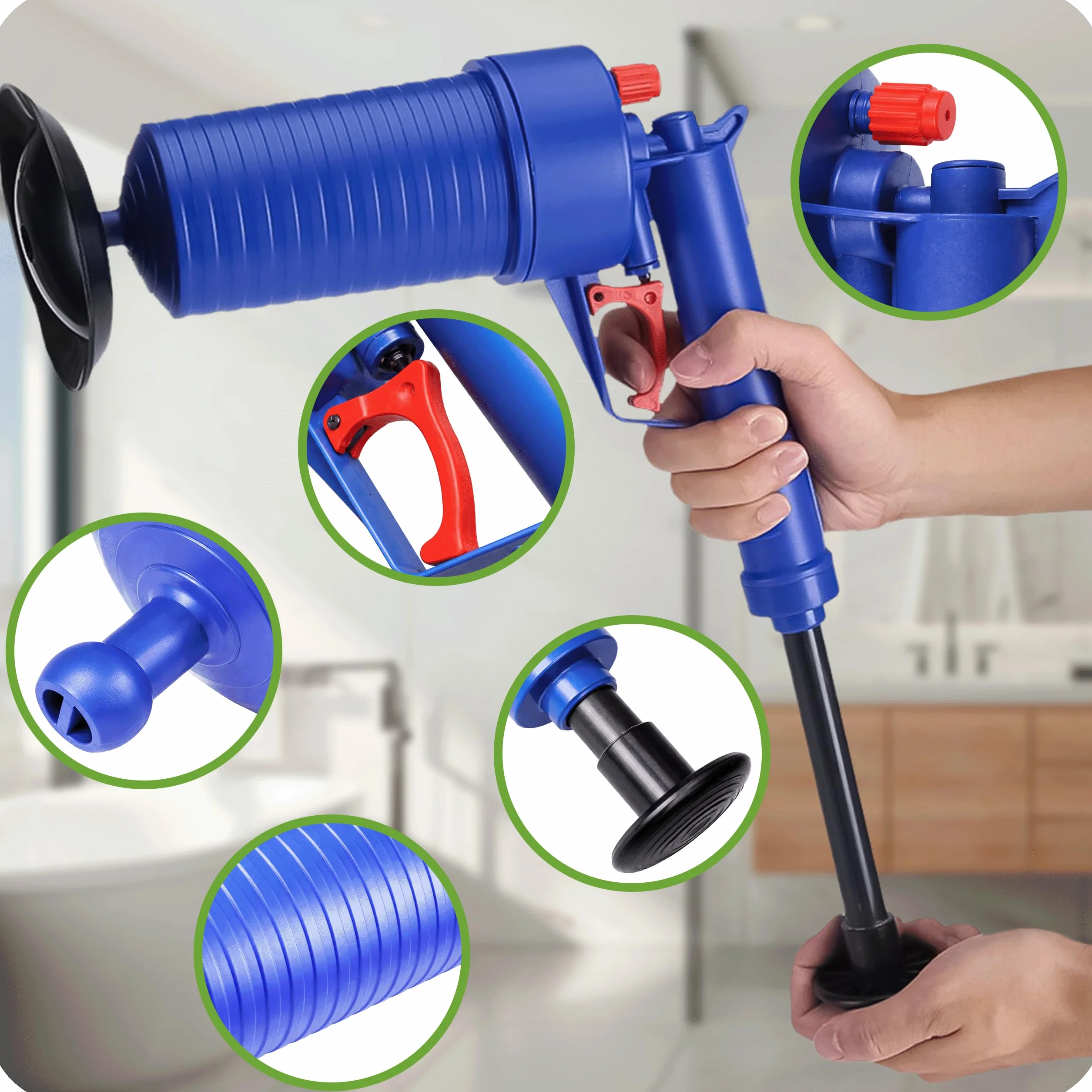 KRUMAD – pistolet do czyszczenia odpływów sprężonym powietrzem, do toalet, odpływów i pryszniców, z nasadkami, bez środków chemicznych, ręczny