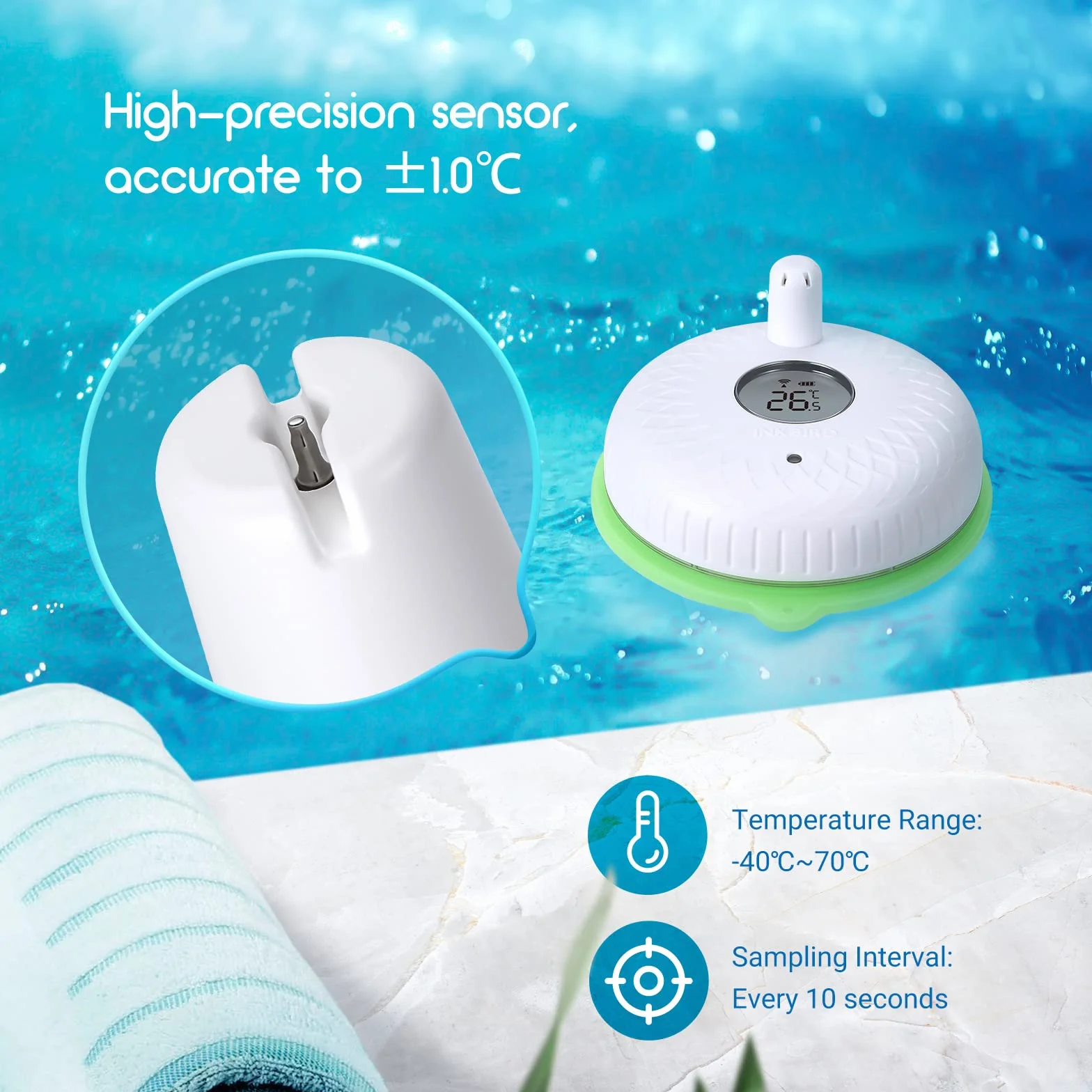 INKBIRD IBS-P02R Bezprzewodowy termometr do basenu z monitorem temperatury i wilgotności, duży ekran