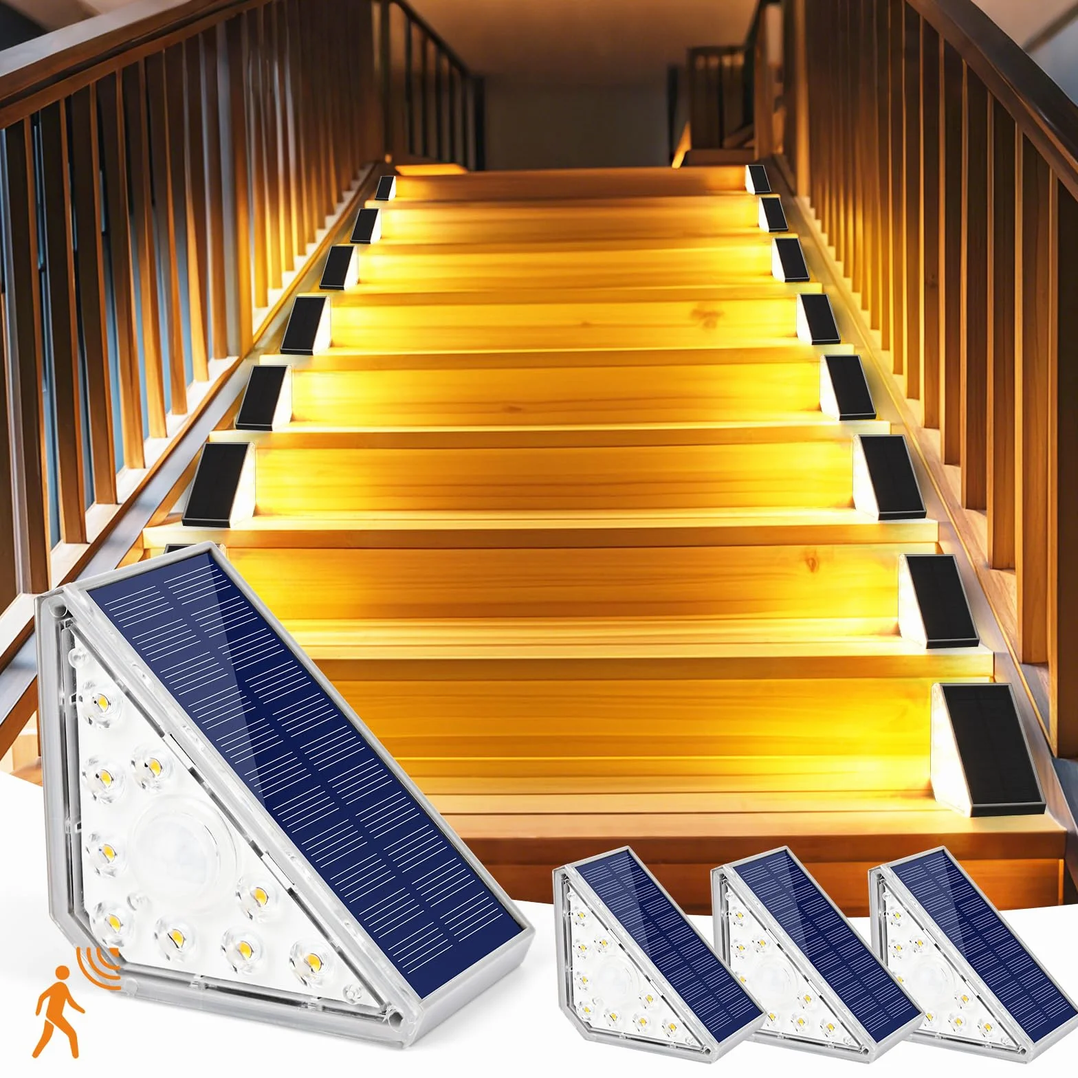 Czemo Solar Stair Lamp Solar Stair Light z czujnikiem 1200mAh IP67 Wodoodporne zewnętrzne oświetlenie schodowe LED 3000K Ciepła biel Oświetlenie schodowe do schodów, ogrodu, patio na zewnątrz, 4 szt.