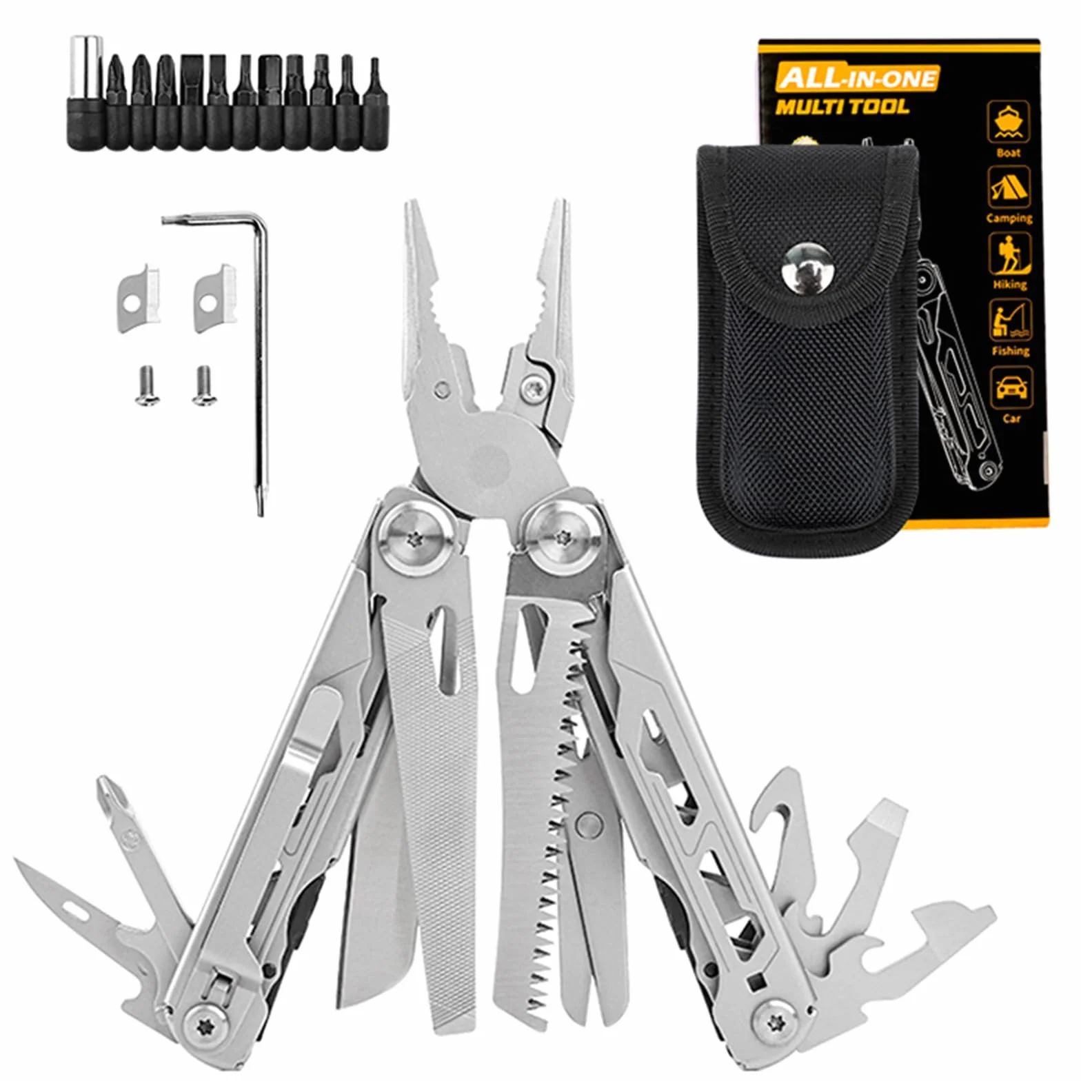 Multitool 28 w 1: kombinerki i 11 końcówek Materiał ze stali nierdzewnej