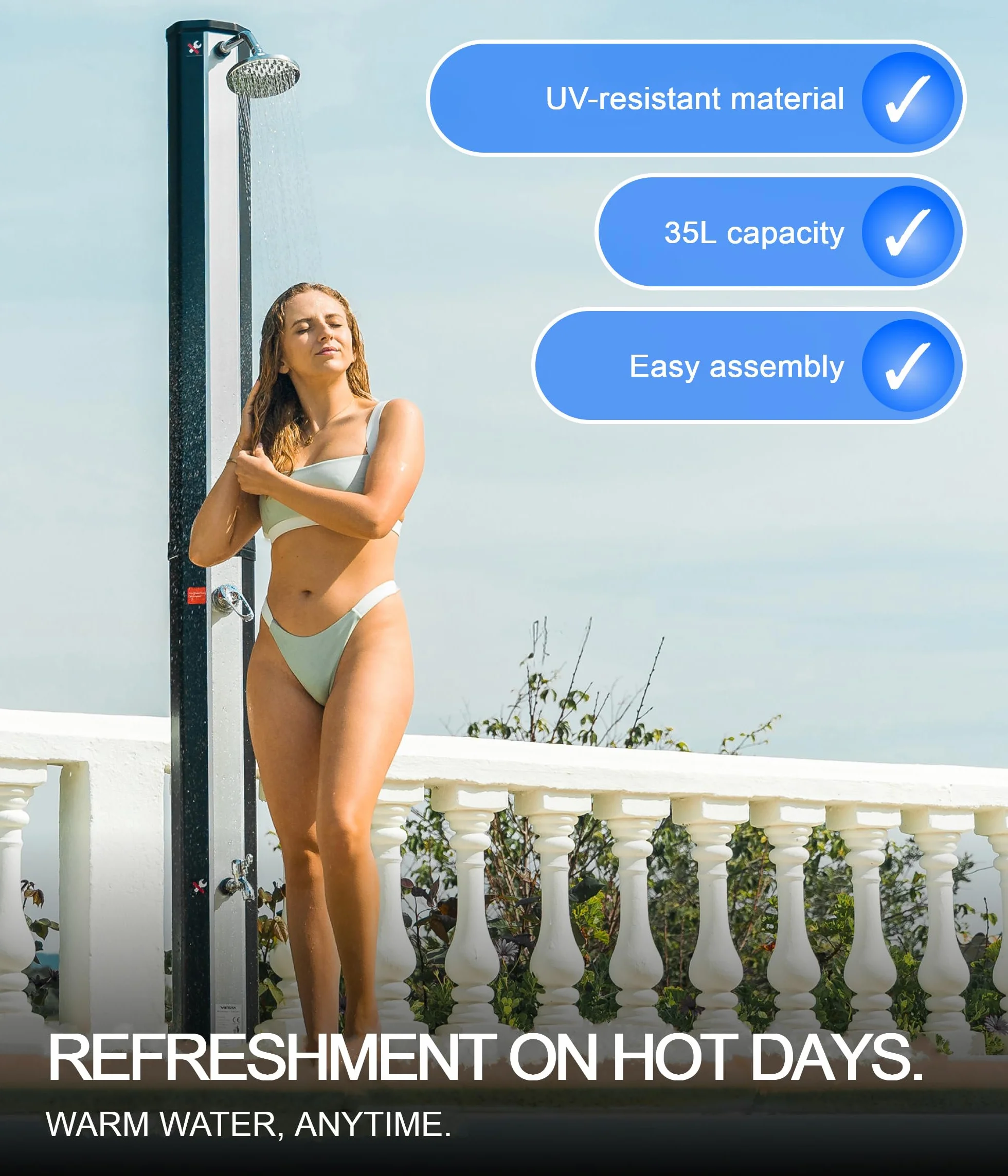 UMBRELLA® Prysznic Solarny 35 Litrów z Myjką do Stóp Obrotowa Deszczownica Solarny Prysznic Ogrodowy do 60°C