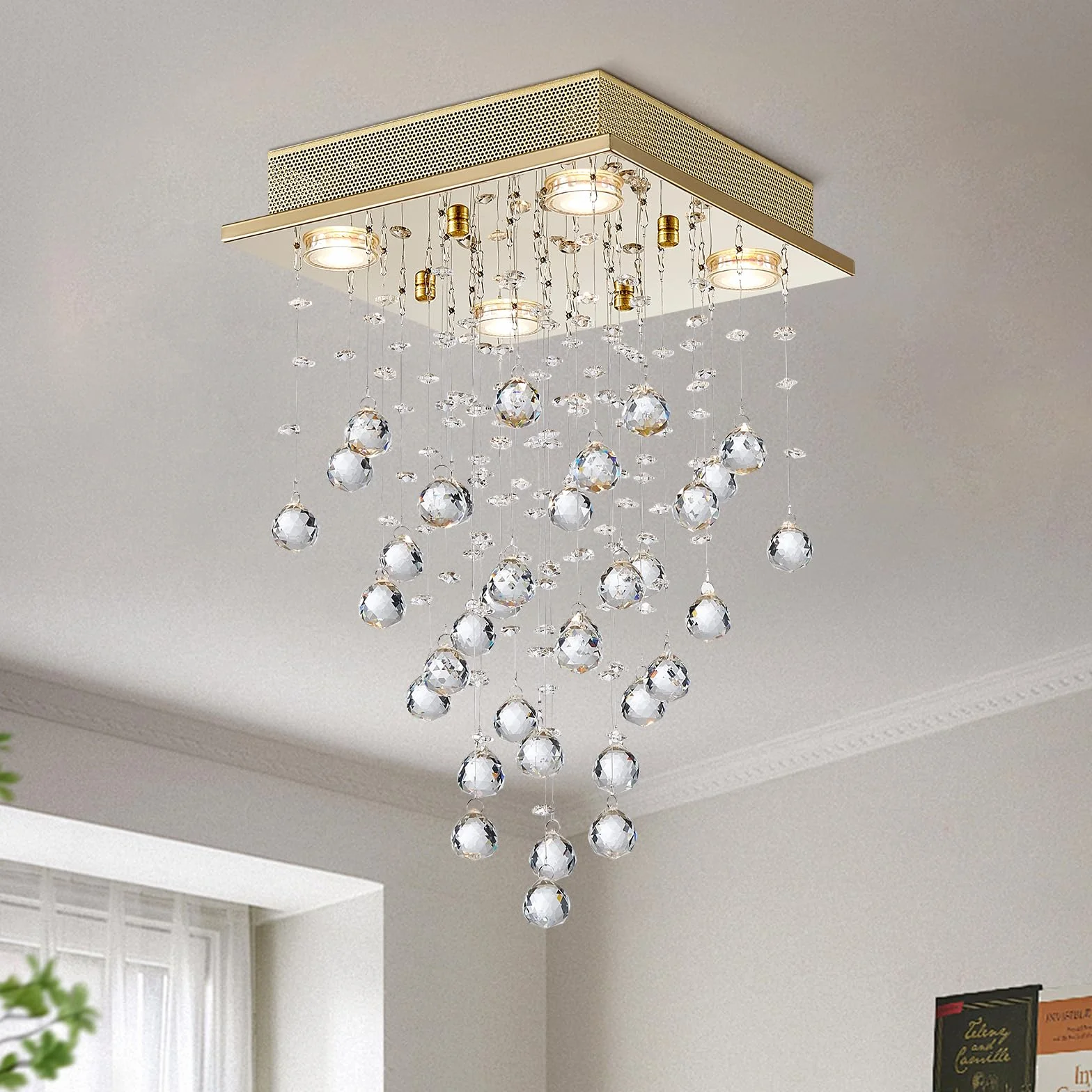 Bestier Złoty, nowoczesny kryształowy kwadrat, kropla deszczu, żyrandol oświetlenie, podtynkowa lampa sufitowa LED, lampa wisząca do jadalni, łazienki, sypialni, salonu, 30 cm szerokości, 50 cm