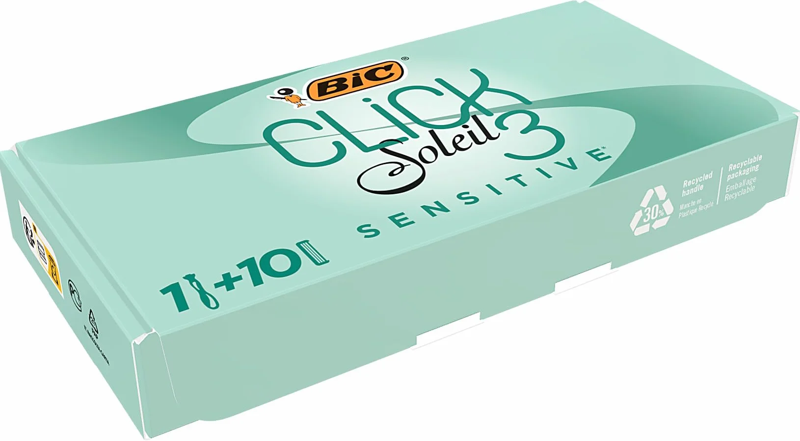 Bic Click 3 Soleil Sensitive maszynka do golenia do wielokrotnego napełniania, 30% plastikowy uchwyt z recyklingu, 10 wkładów z 3 ostrzami, pasek smarujący - zestaw 1+10 sztuk